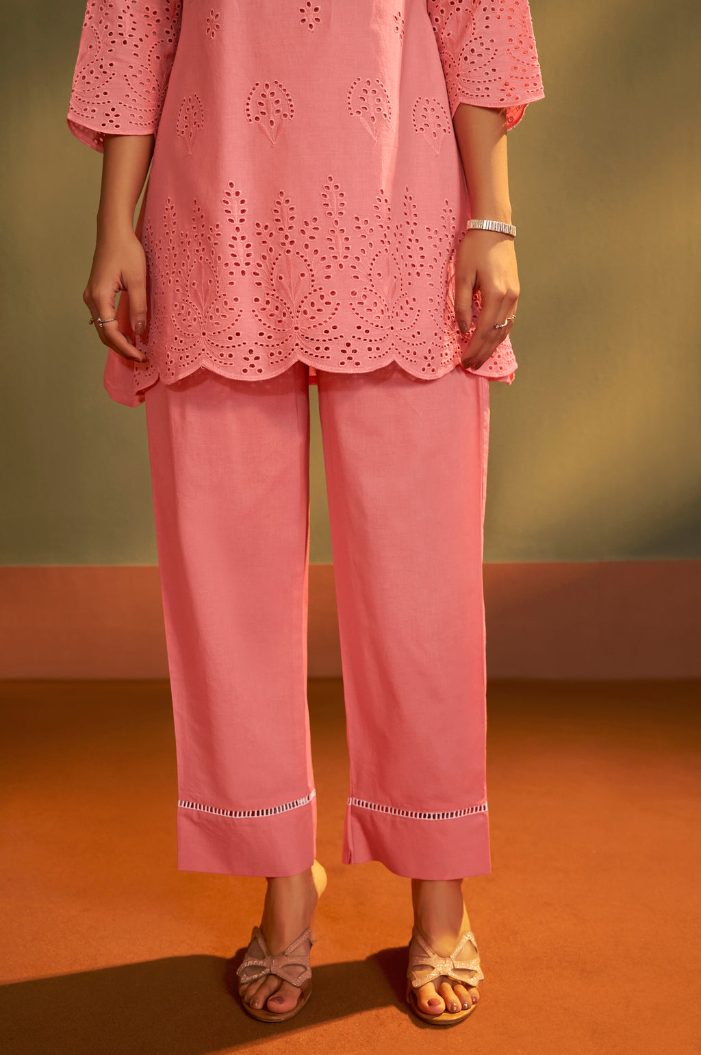 Women’s Pure Cotton Pink Schiffli Co-Ord Set