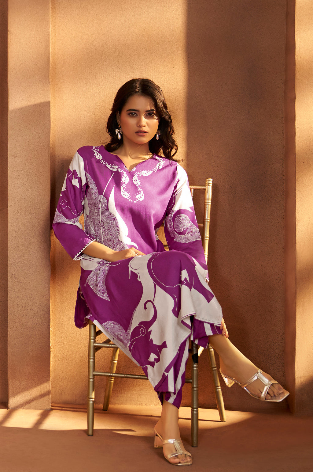 Purple Viscose Rayon Printed Straight Co-Ord Set