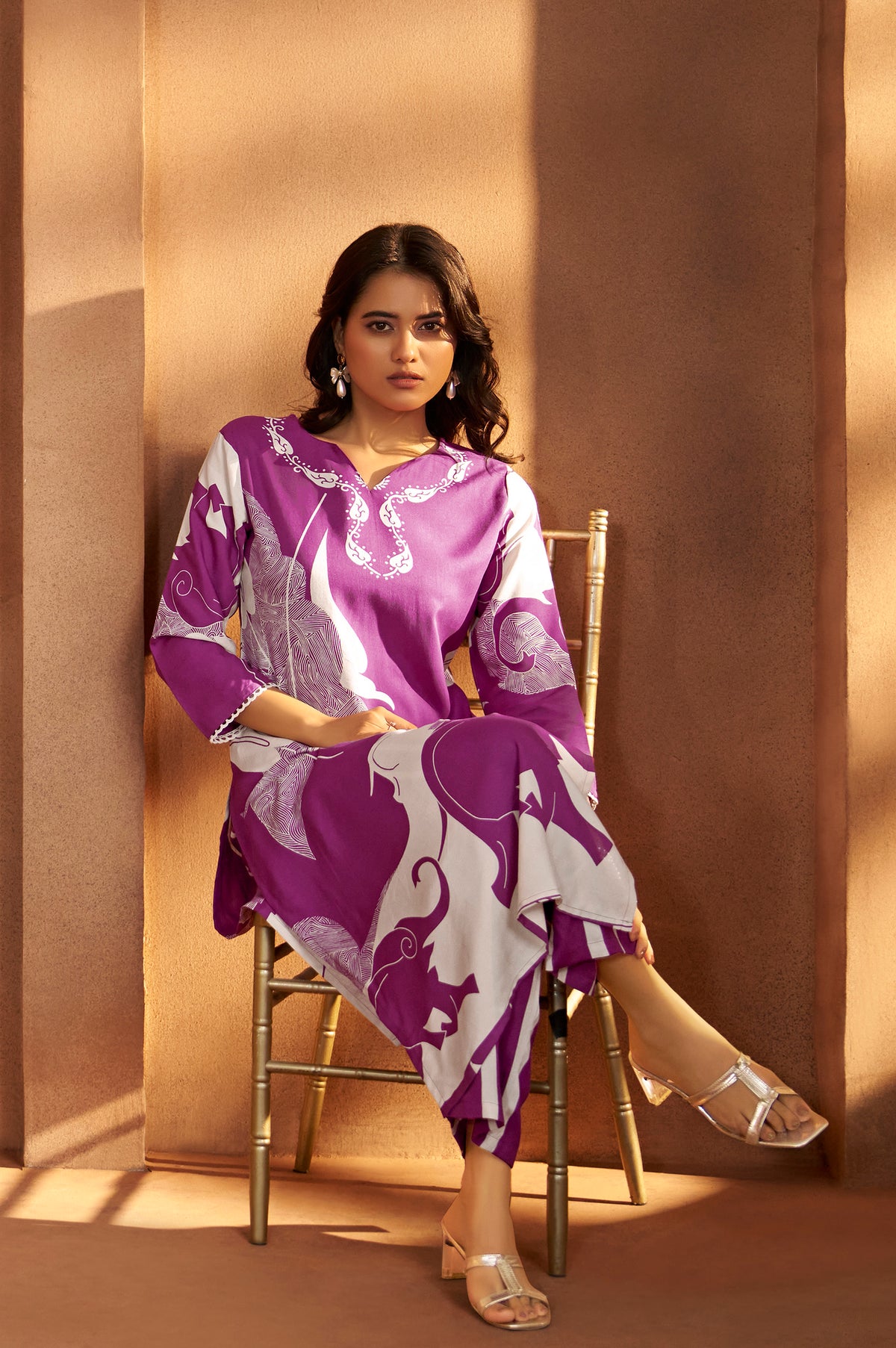 Purple Viscose Rayon Printed Straight Co-Ord Set