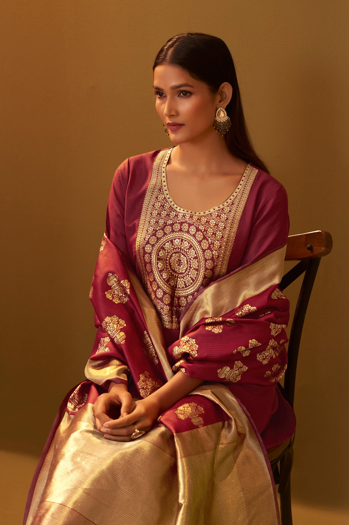 Women's Festive Red Cotton Blend Jacquard Straight Kurta with Solid Pant and Silk Jacquard Dupatta Set