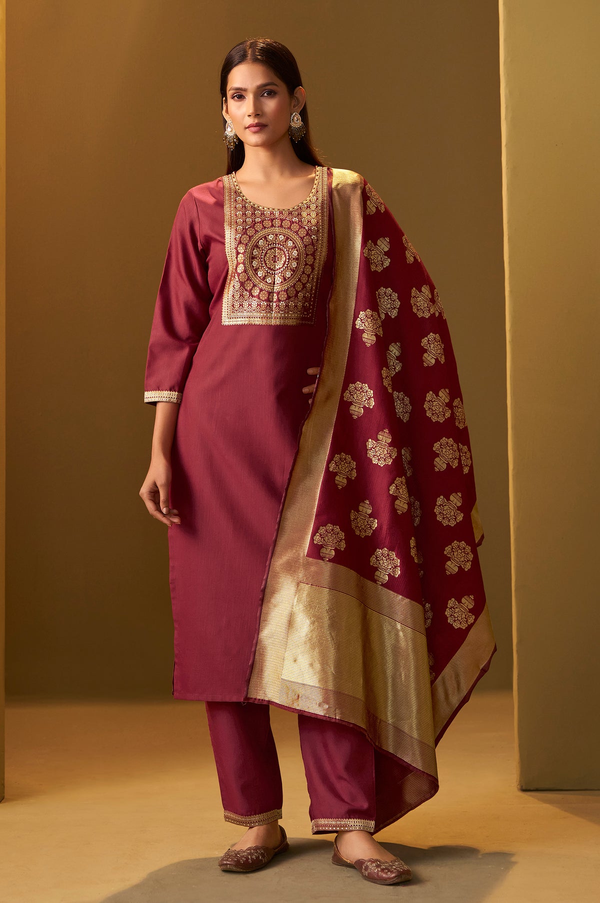 Women's Festive Red Cotton Blend Jacquard Straight Kurta with Solid Pant and Silk Jacquard Dupatta Set