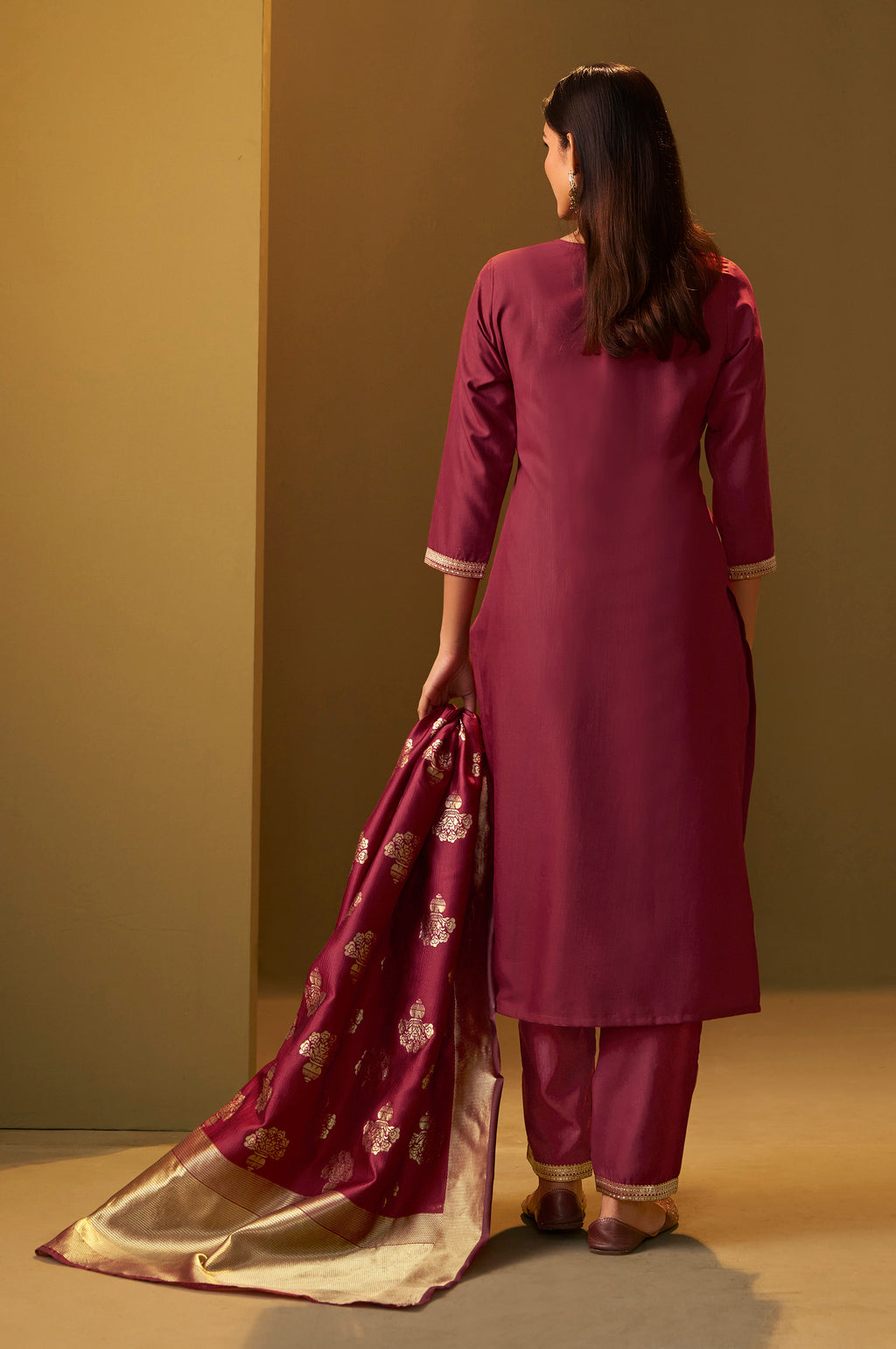Women's Festive Red Cotton Blend Jacquard Straight Kurta with Solid Pant and Silk Jacquard Dupatta Set
