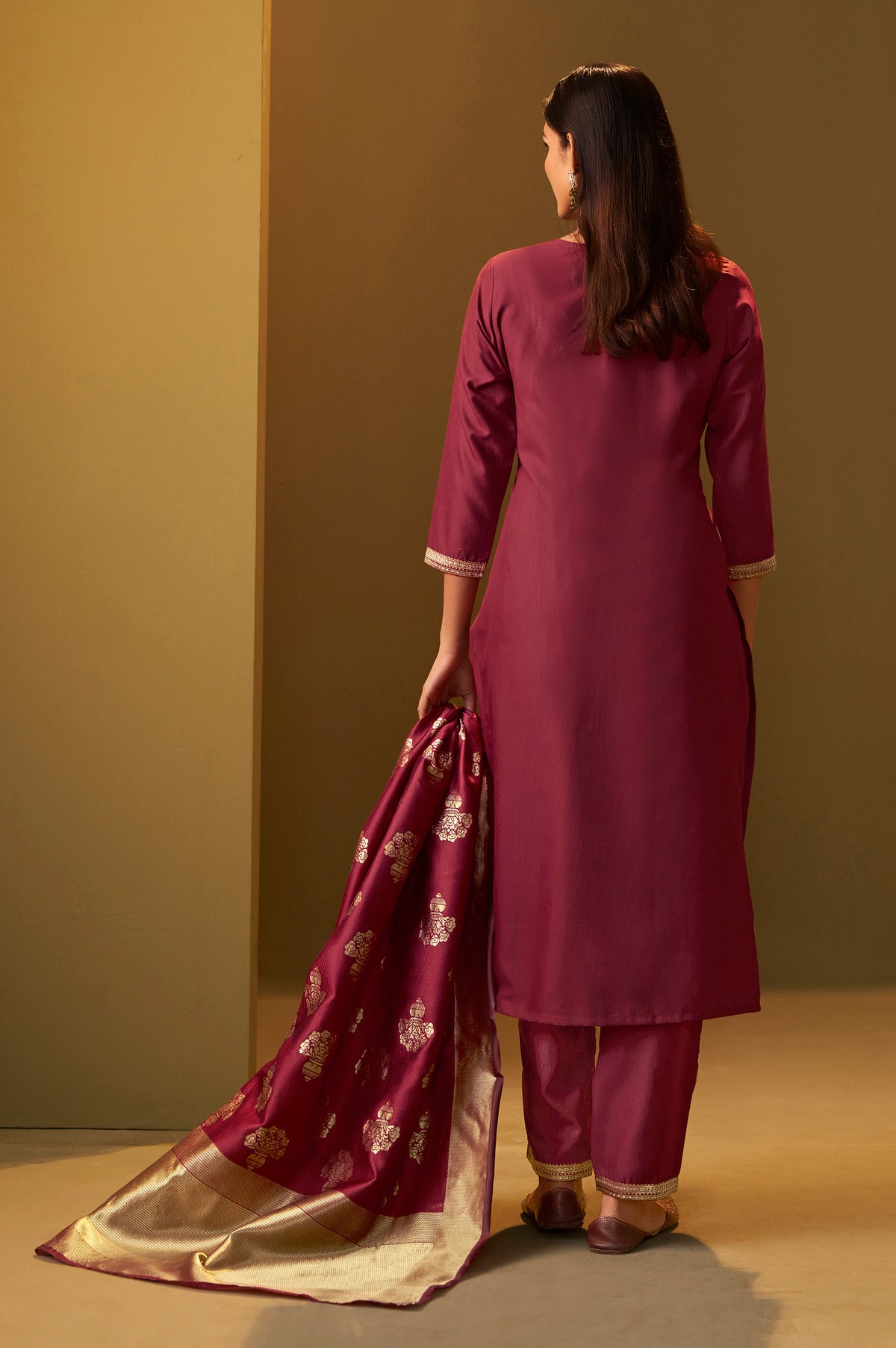Women's Festive Red Cotton Blend Jacquard Straight Kurta with Solid Pant and Silk Jacquard Dupatta Set