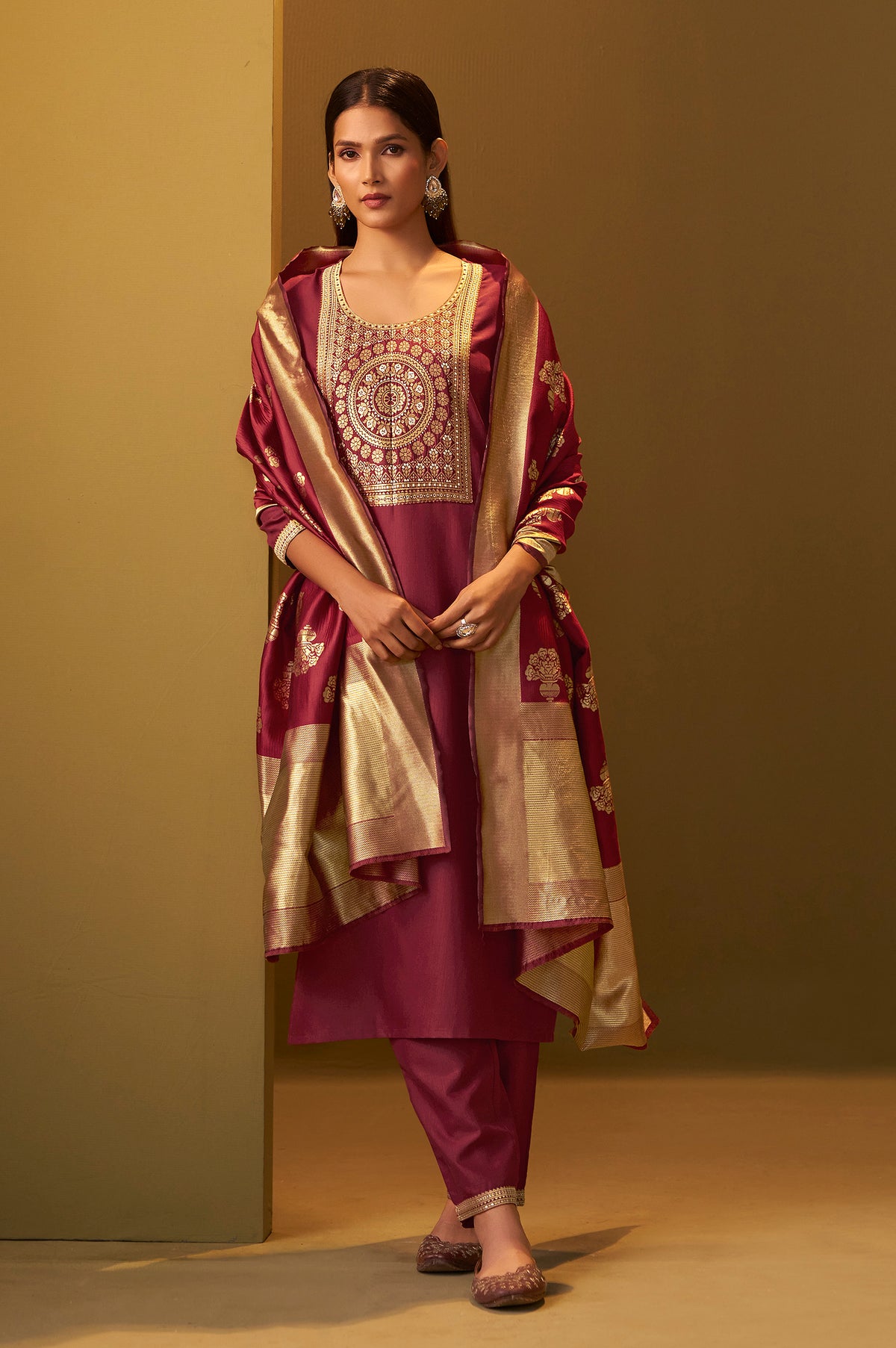 Women's Festive Red Cotton Blend Jacquard Straight Kurta with Solid Pant and Silk Jacquard Dupatta Set