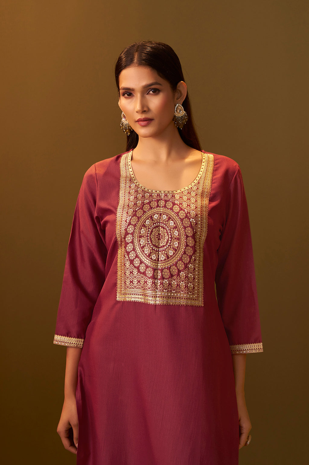 Women's Festive Red Cotton Blend Jacquard Straight Kurta with Solid Pant and Silk Jacquard Dupatta Set