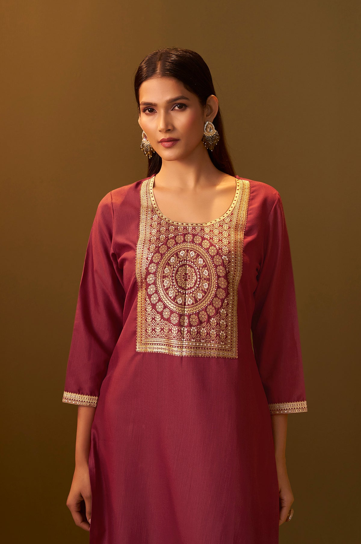 Women's Festive Red Cotton Blend Jacquard Straight Kurta with Solid Pant and Silk Jacquard Dupatta Set