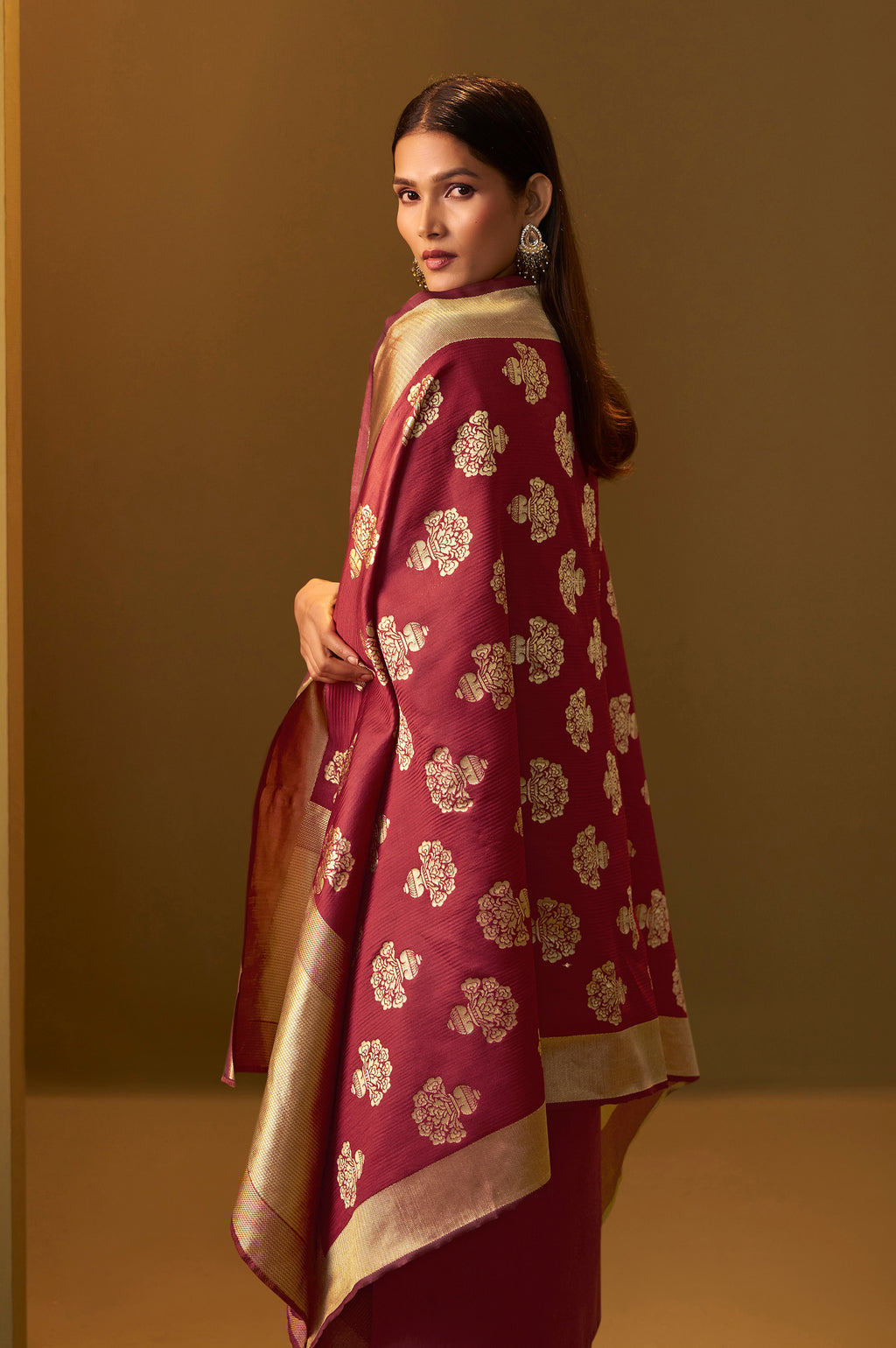 Women's Festive Red Cotton Blend Jacquard Straight Kurta with Solid Pant and Silk Jacquard Dupatta Set