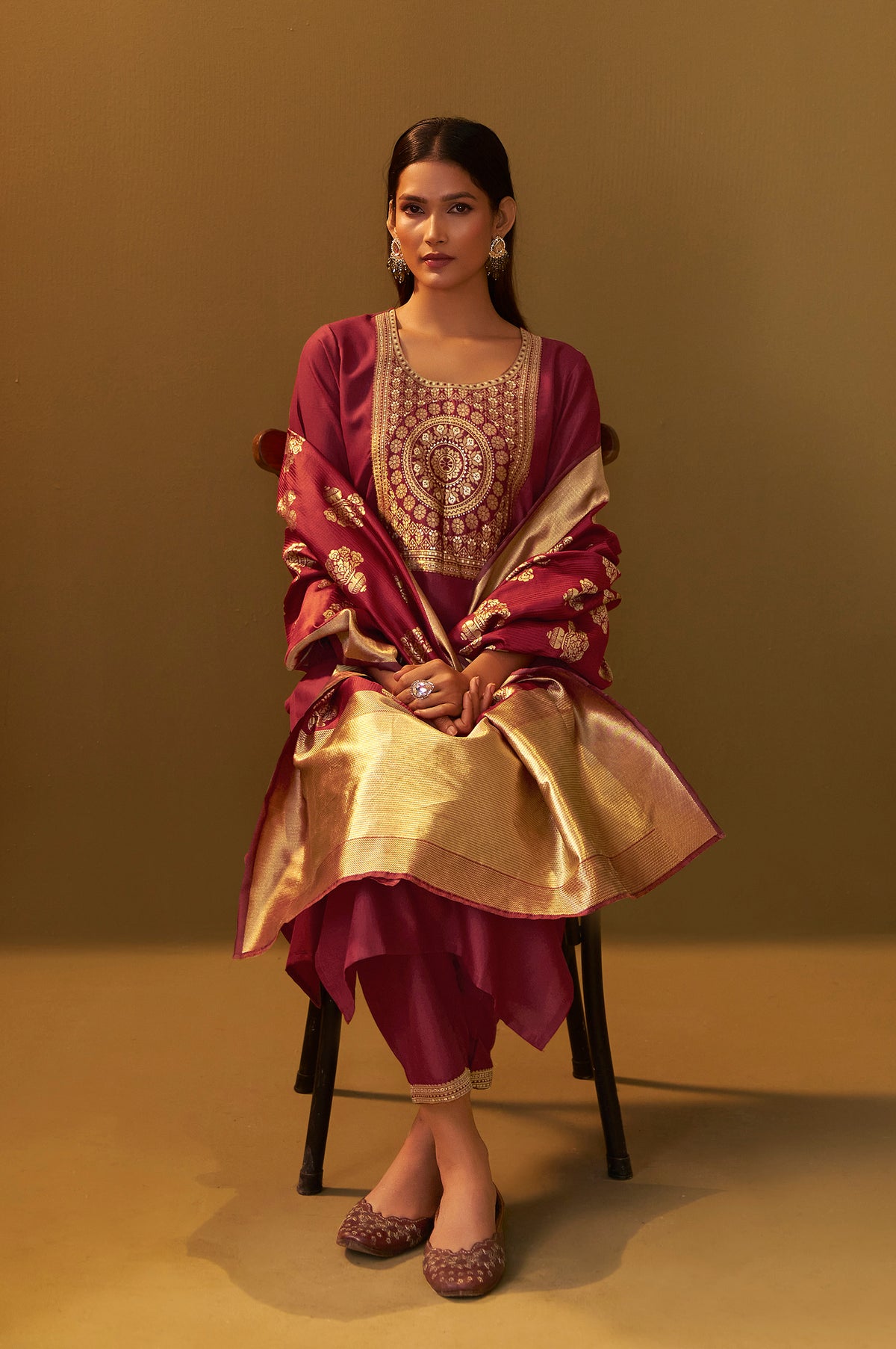 Women's Festive Red Cotton Blend Jacquard Straight Kurta with Solid Pant and Silk Jacquard Dupatta Set