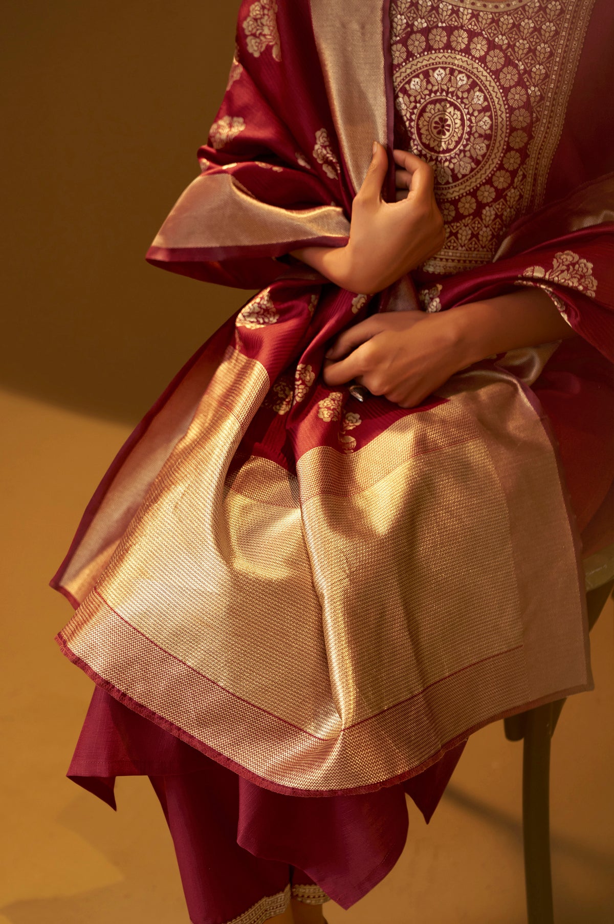 Women's Festive Red Cotton Blend Jacquard Straight Kurta with Solid Pant and Silk Jacquard Dupatta Set