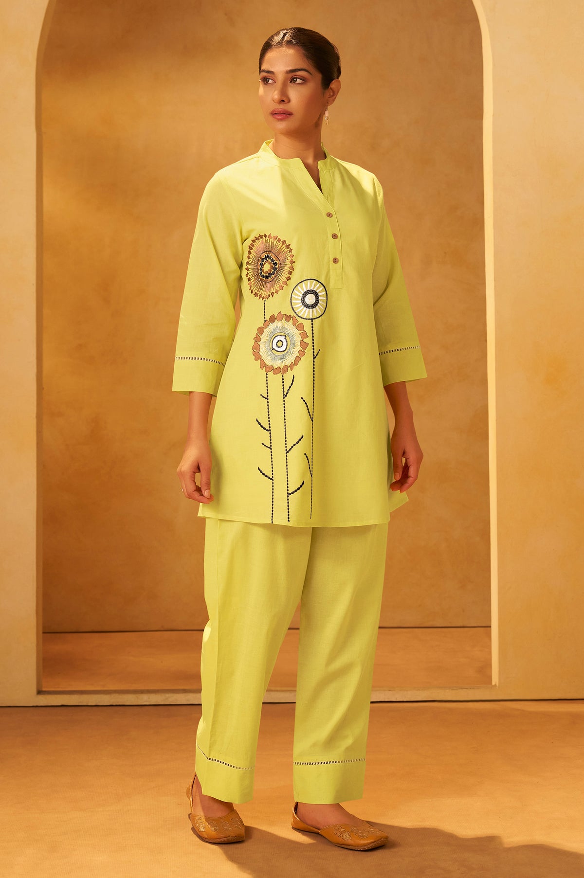 Women Yellow Pure Cotton Embroidered Straight Kurta Co-Ord Set