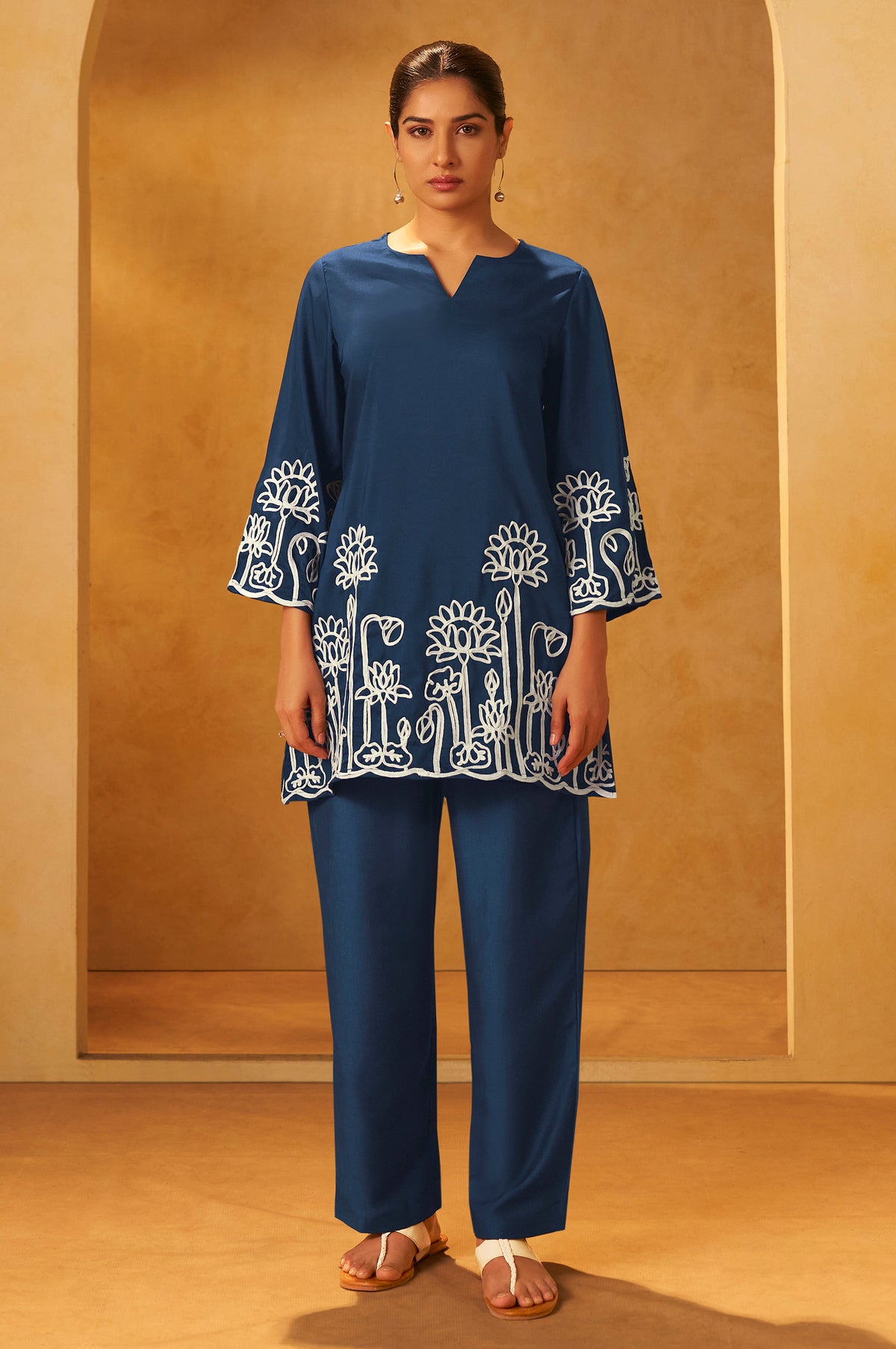 Women Navy Blue Embroidered Cotton Blend Straight Kurta Co-ord Set