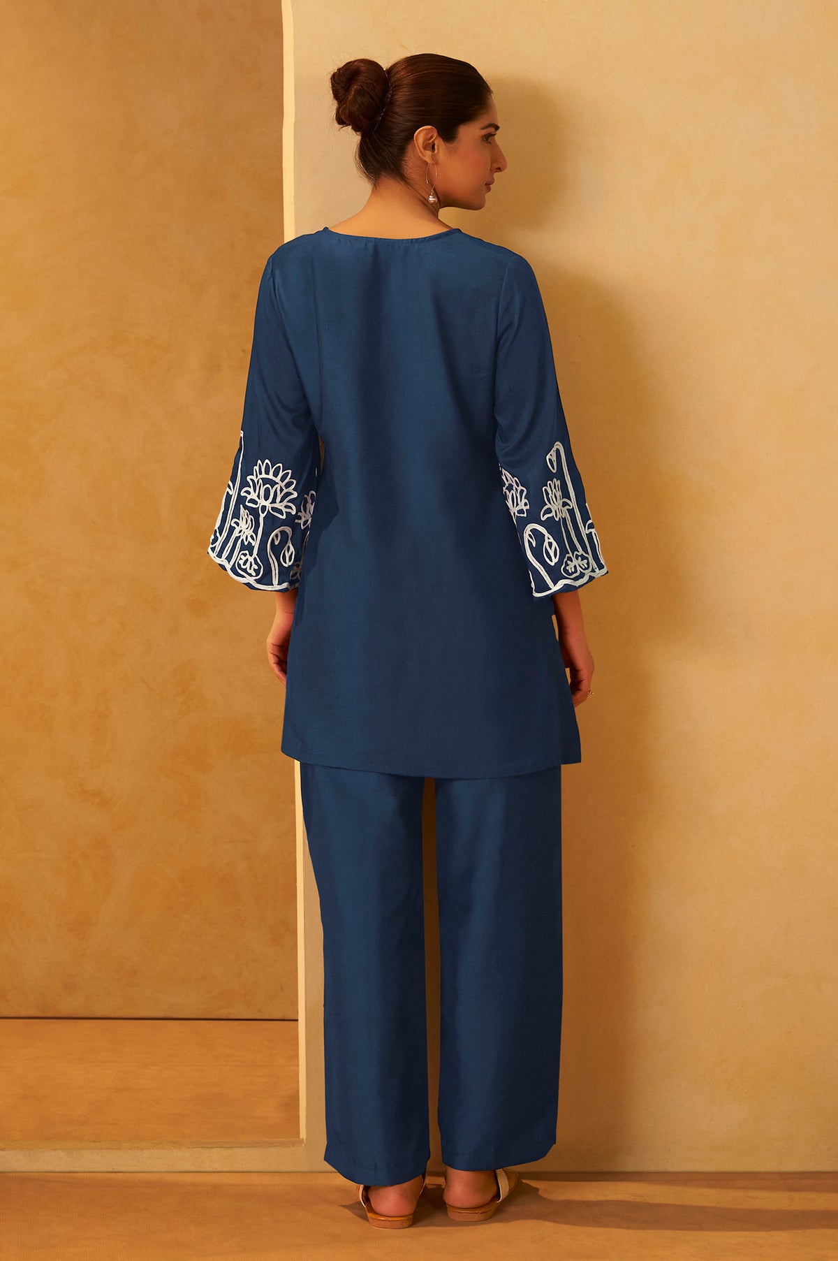 Women Navy Blue Embroidered Cotton Blend Straight Kurta Co-ord Set