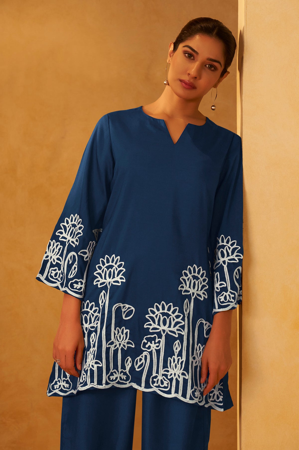 Women Navy Blue Embroidered Cotton Blend Straight Kurta Co-ord Set
