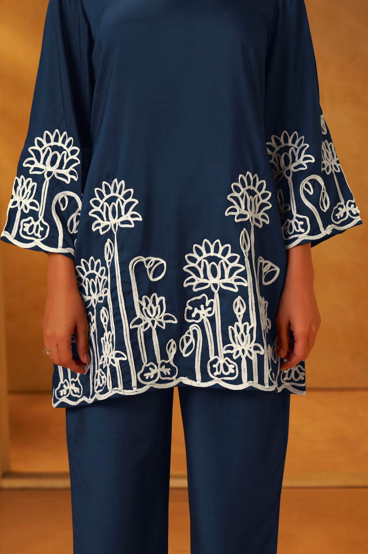 Women Navy Blue Embroidered Cotton Blend Straight Kurta Co-ord Set