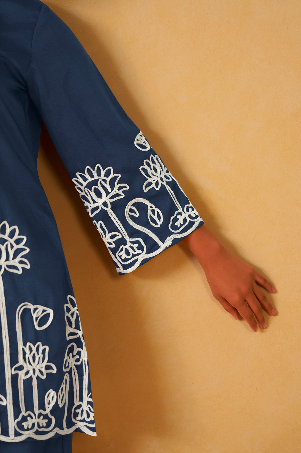 Women Navy Blue Embroidered Cotton Blend Straight Kurta Co-ord Set
