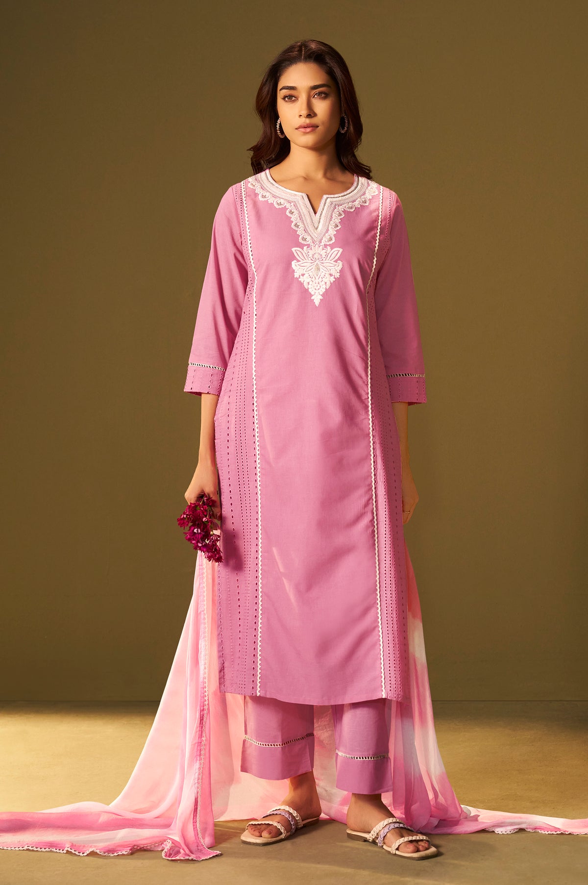 Pink Pure Cotton Schiffli Embroidered Straight Kurta Set Dupatta