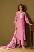 Pink Pure Cotton Schiffli Embroidered Straight Kurta Set Dupatta