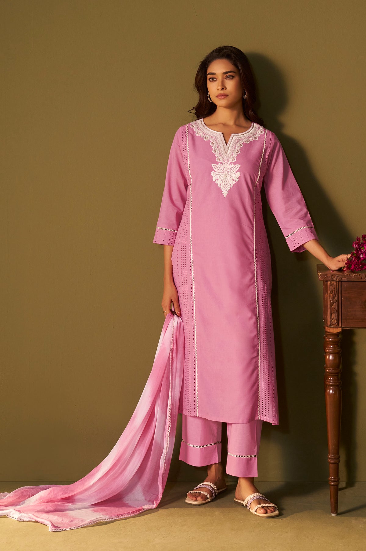 Pink Pure Cotton Schiffli Embroidered Straight Kurta Set Dupatta