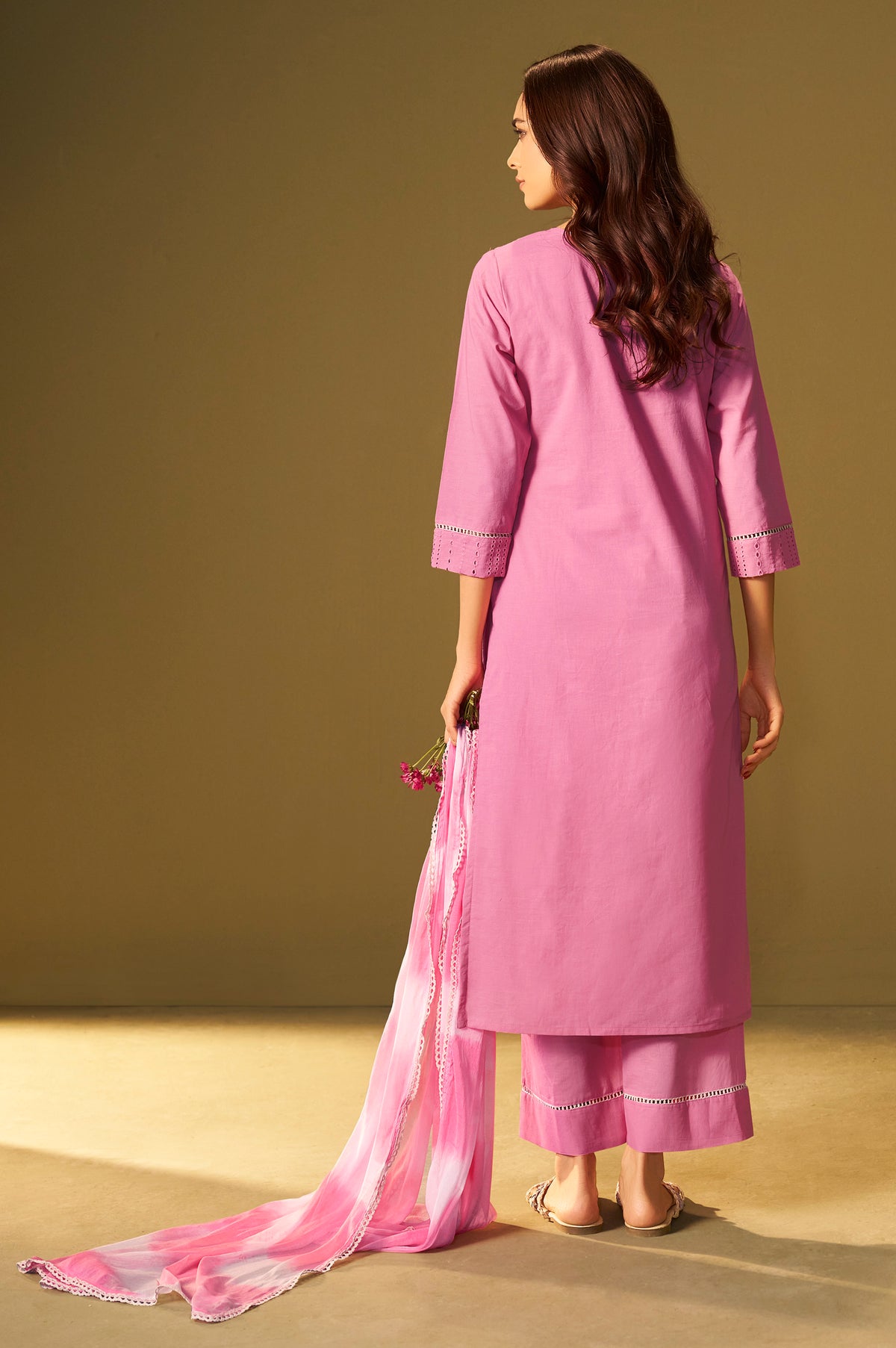 Pink Pure Cotton Schiffli Embroidered Straight Kurta Set Dupatta