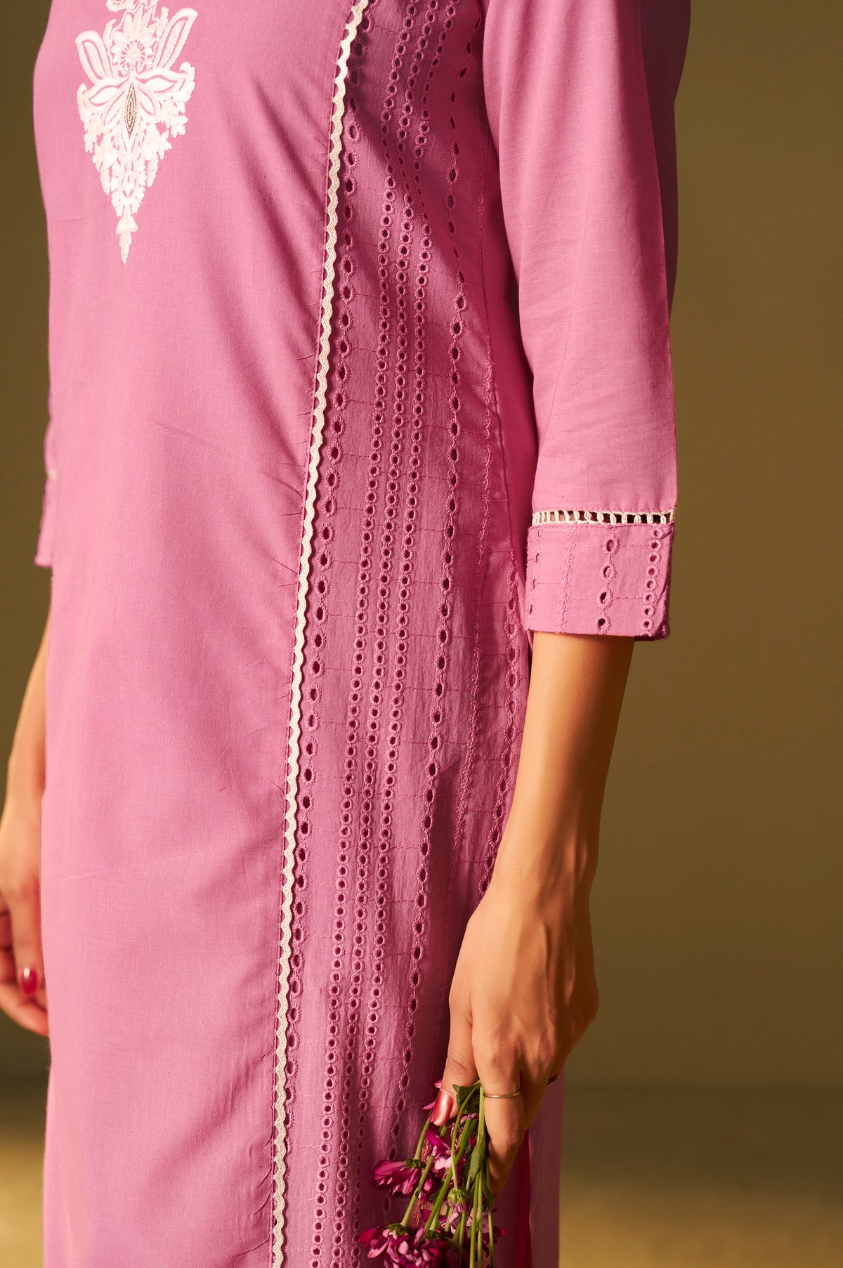 Pink Pure Cotton Schiffli Embroidered Straight Kurta Set Dupatta