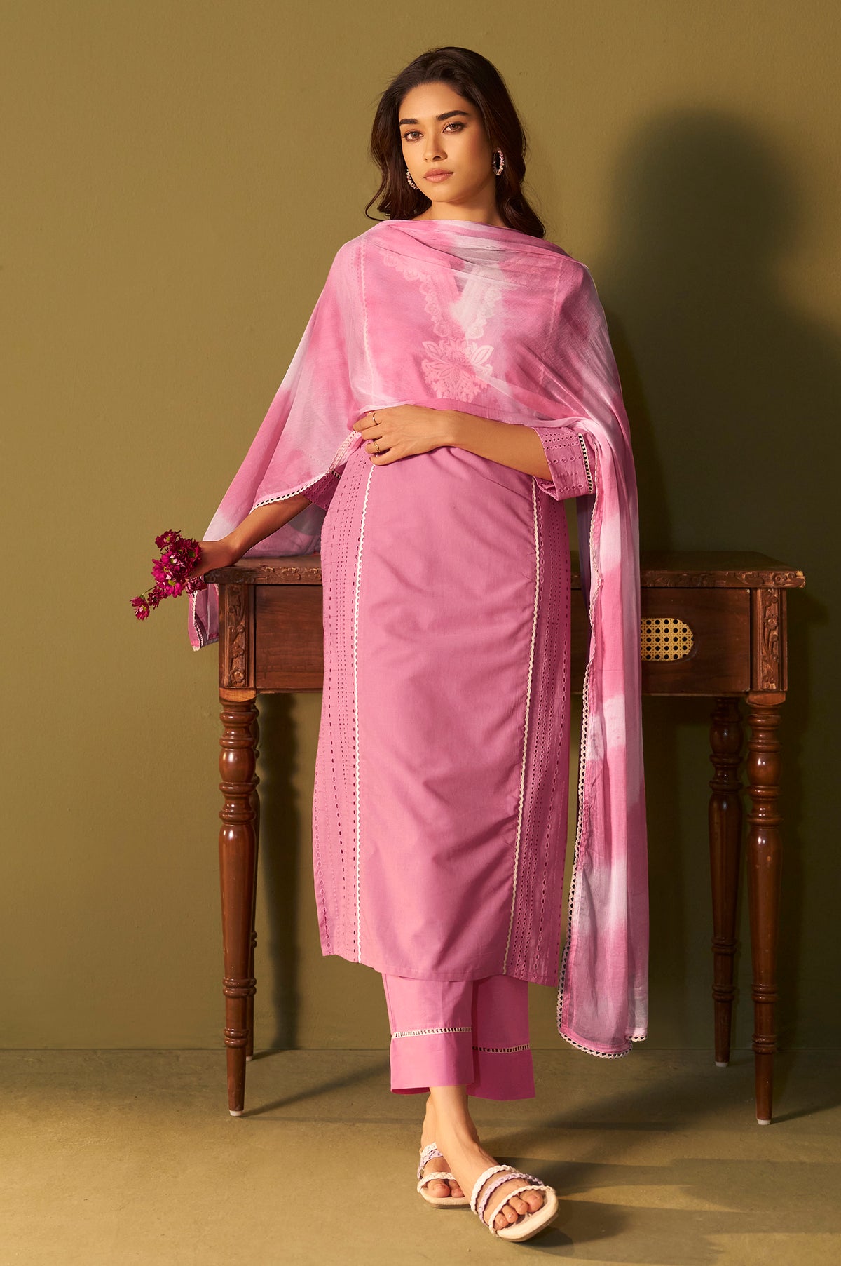 Pink Pure Cotton Schiffli Embroidered Straight Kurta Set Dupatta