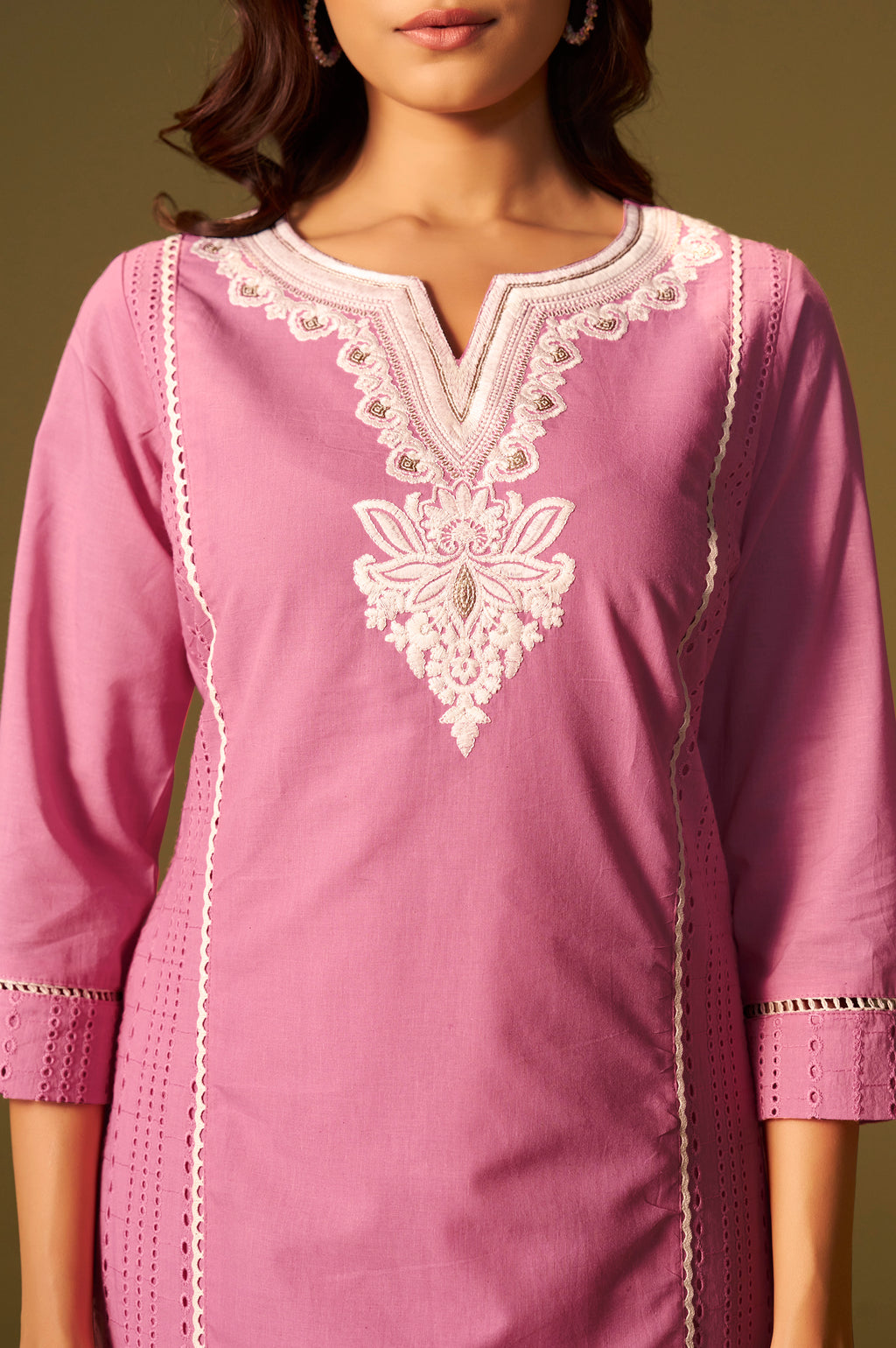 Pink Pure Cotton Schiffli Embroidered Straight Kurta Set Dupatta