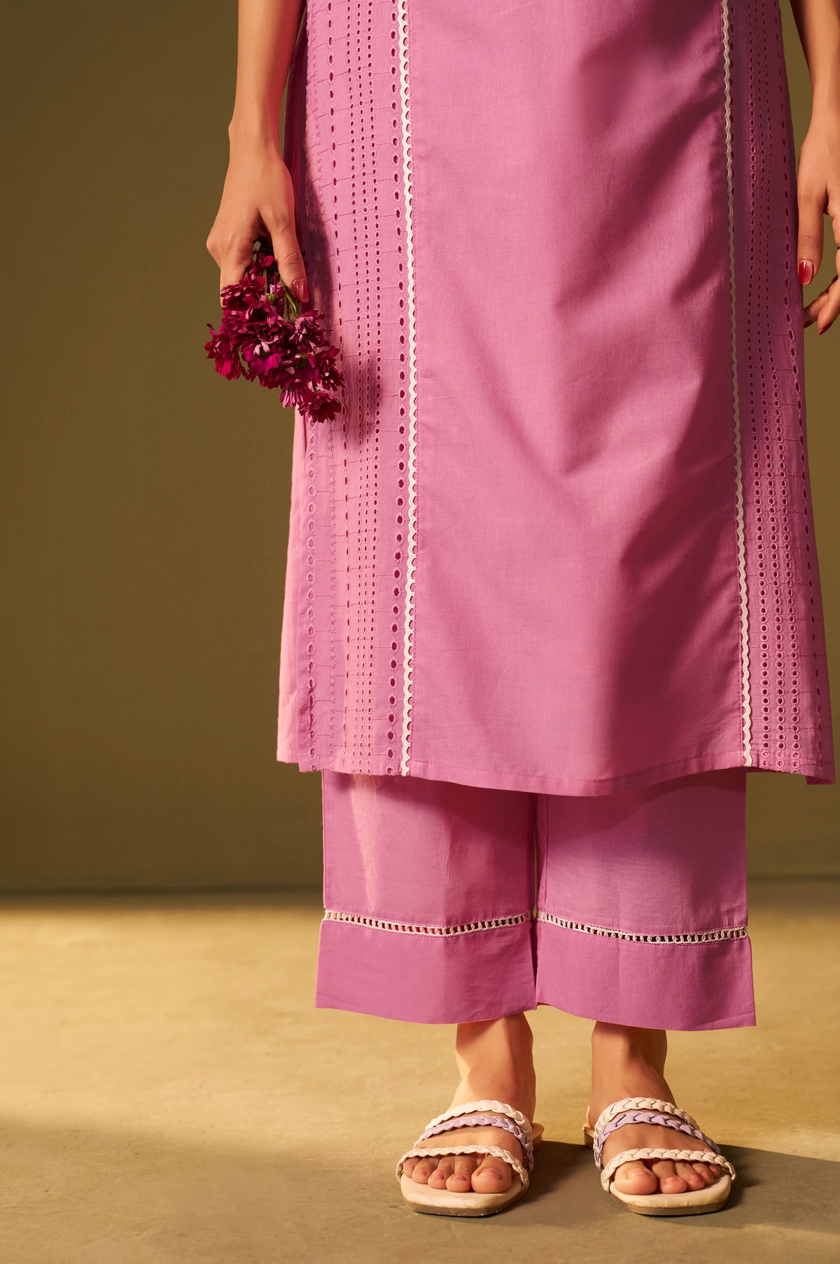 Pink Pure Cotton Schiffli Embroidered Straight Kurta Set Dupatta