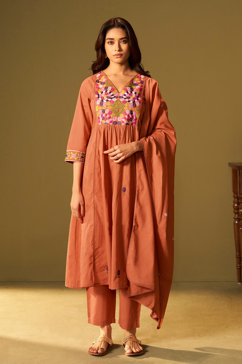 Orange Pure Cotton Embroidered Kurta Set with Dupatta