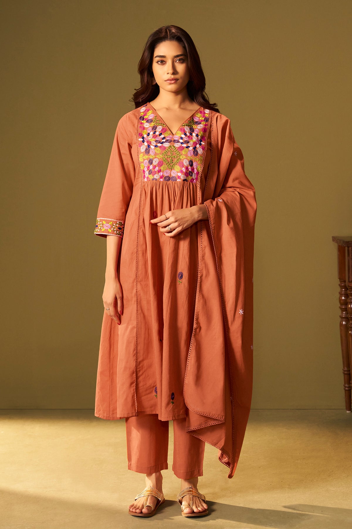 Orange Pure Cotton Embroidered Kurta Set with Dupatta
