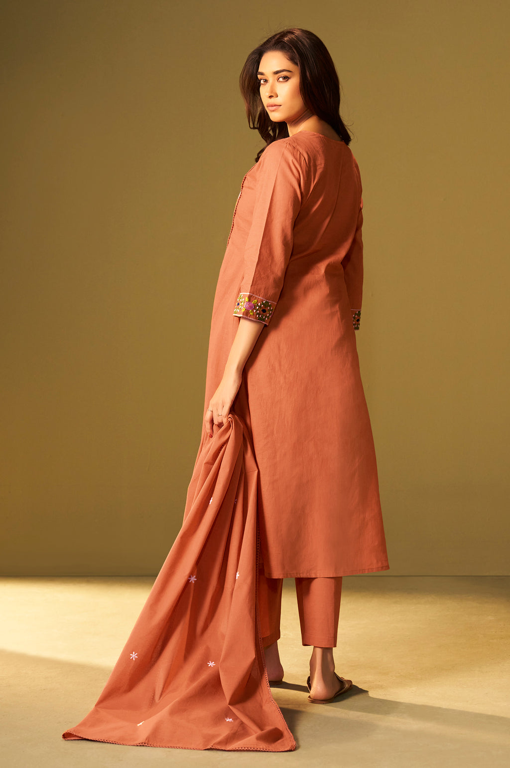 Orange Pure Cotton Embroidered Kurta Set with Dupatta