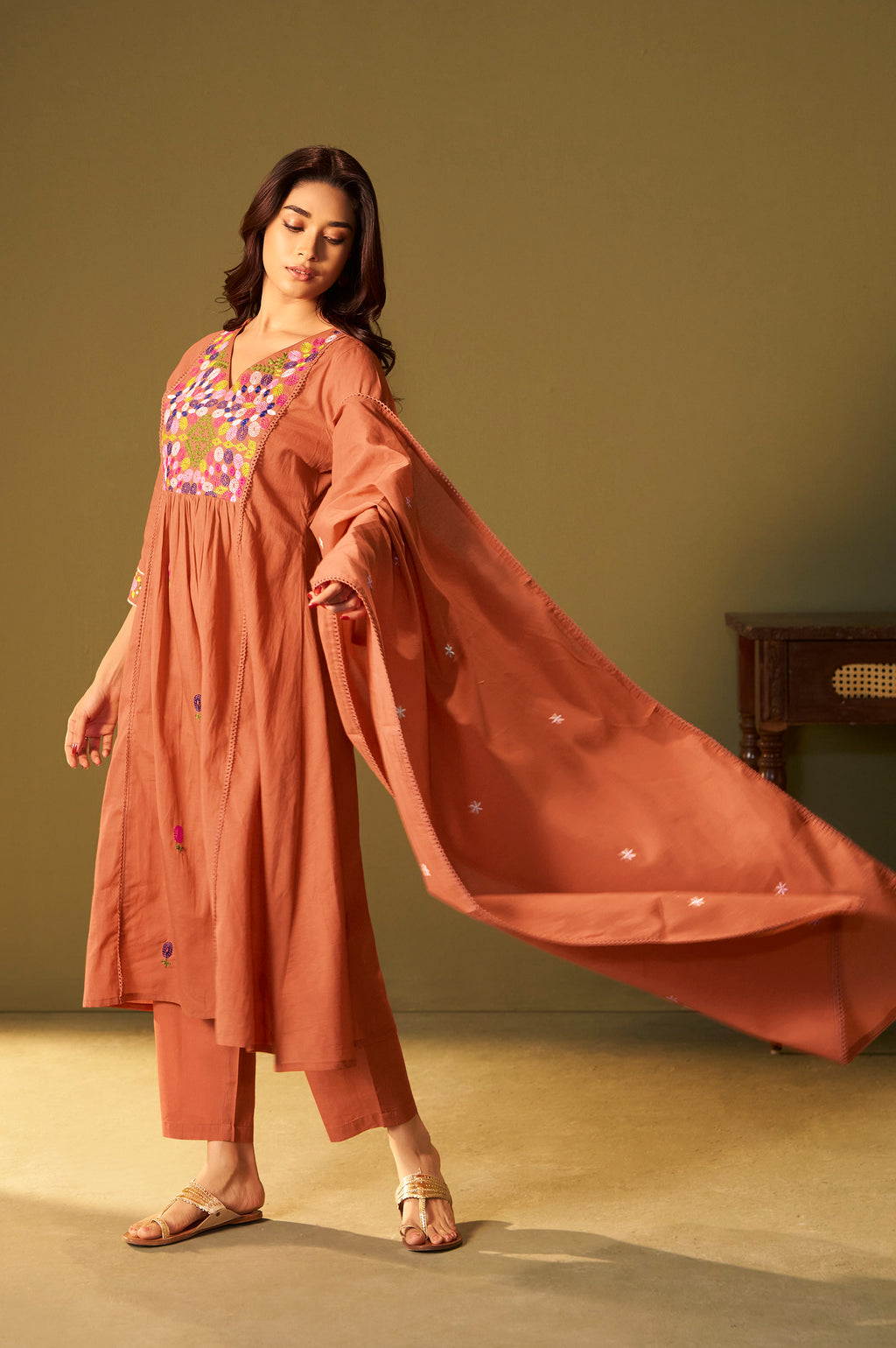 Orange Pure Cotton Embroidered Kurta Set with Dupatta