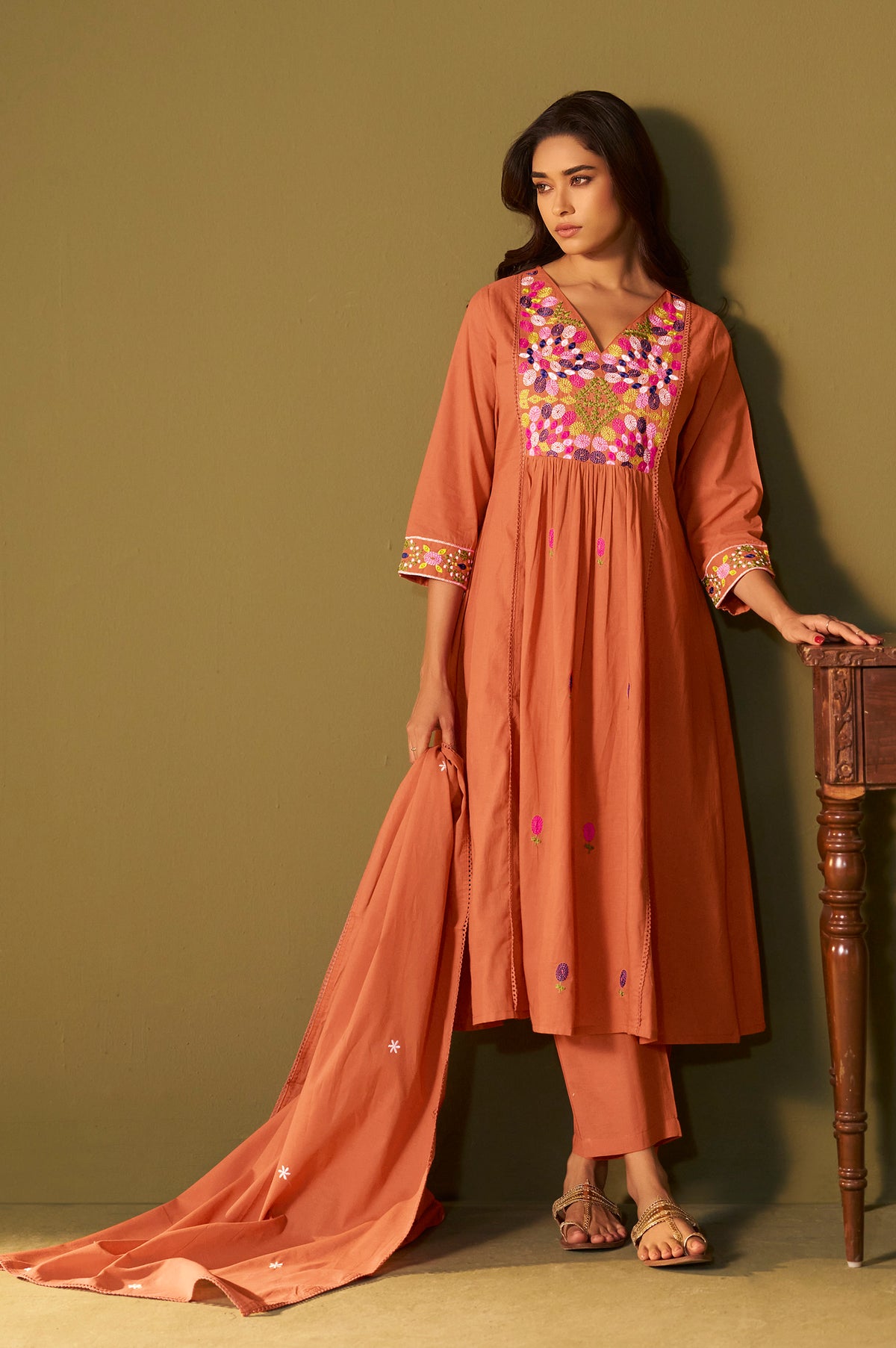 Orange Pure Cotton Embroidered Kurta Set with Dupatta