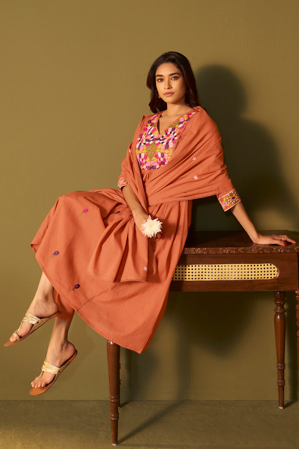 Orange Pure Cotton Embroidered Kurta Set with Dupatta