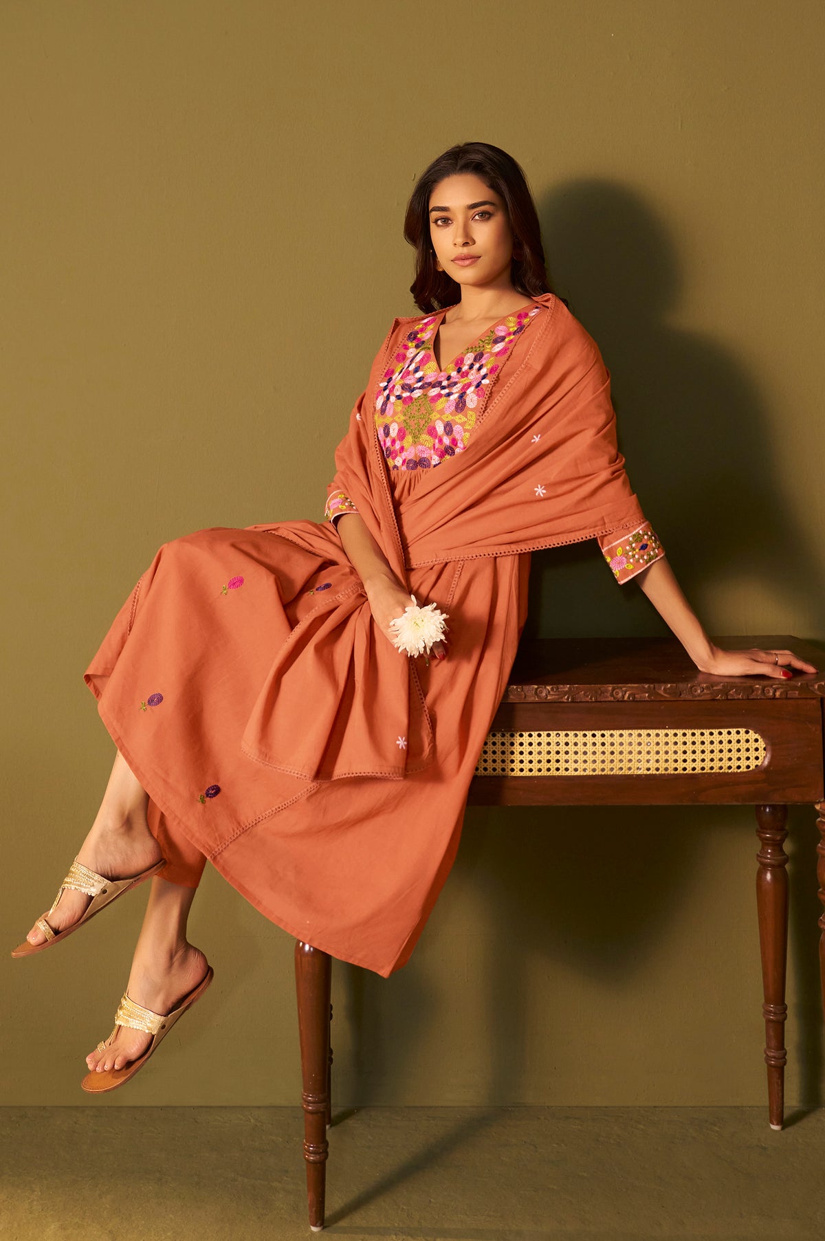 Orange Pure Cotton Embroidered Kurta Set with Dupatta