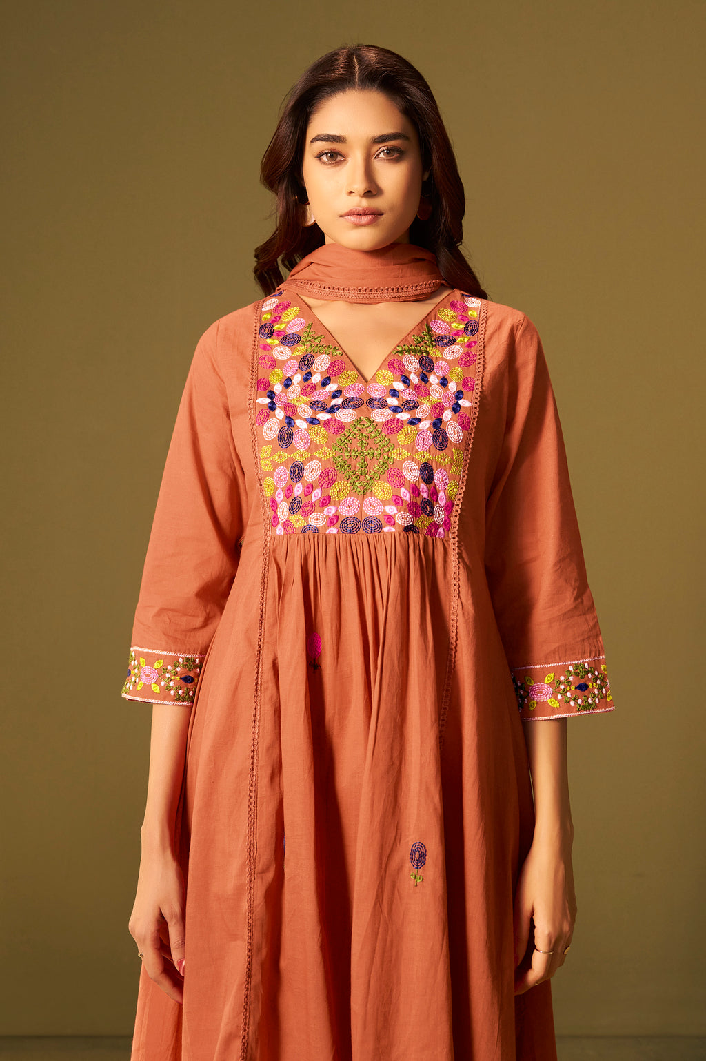 Orange Pure Cotton Embroidered Kurta Set with Dupatta