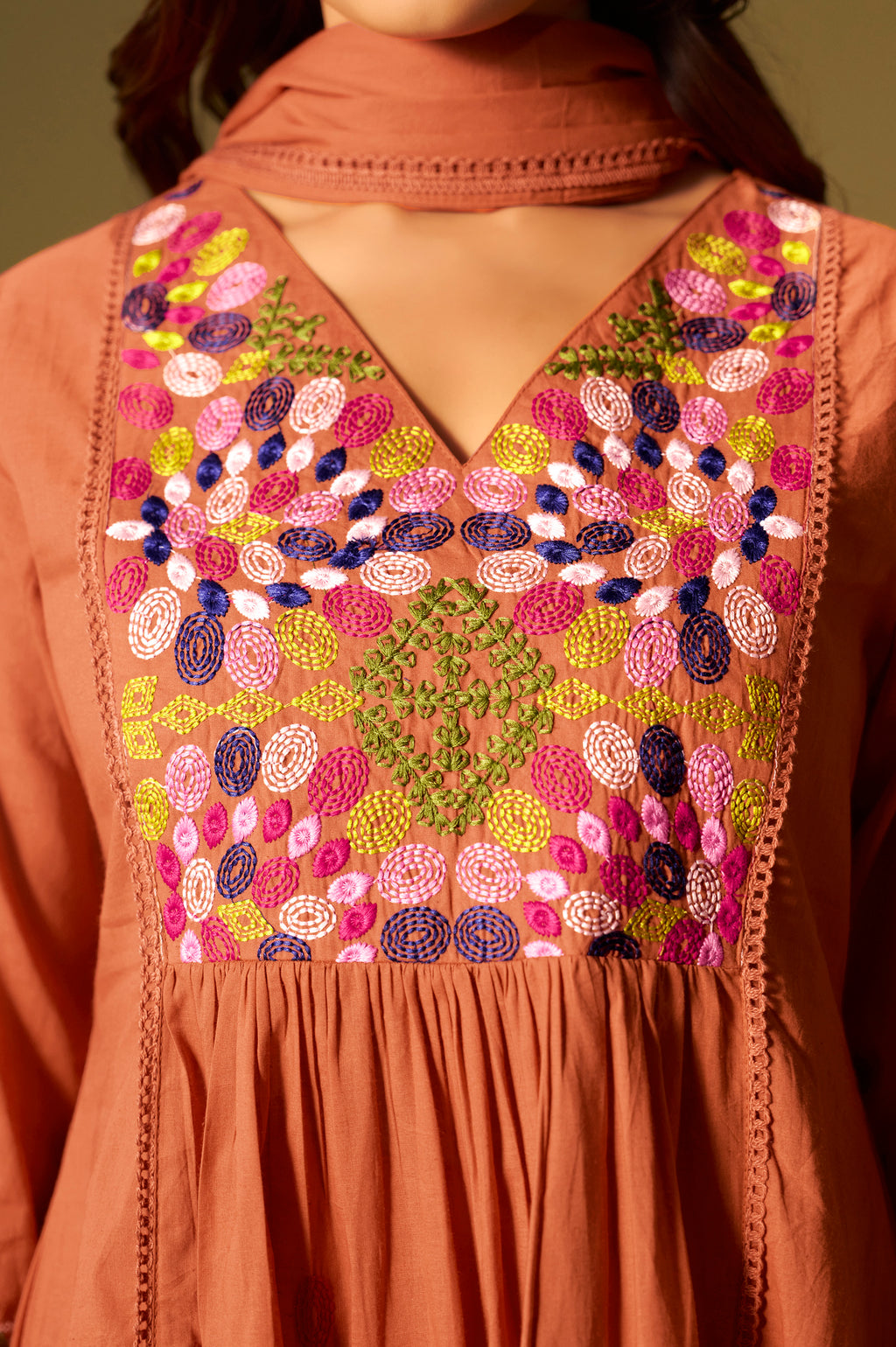 Orange Pure Cotton Embroidered Kurta Set with Dupatta