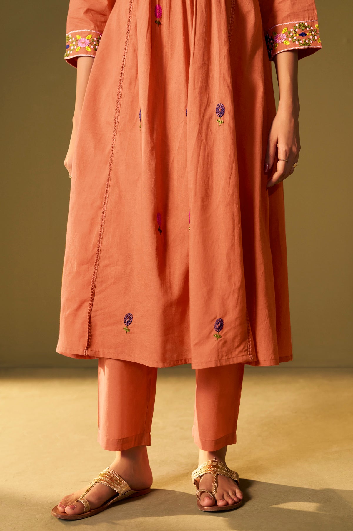 Orange Pure Cotton Embroidered Kurta Set with Dupatta