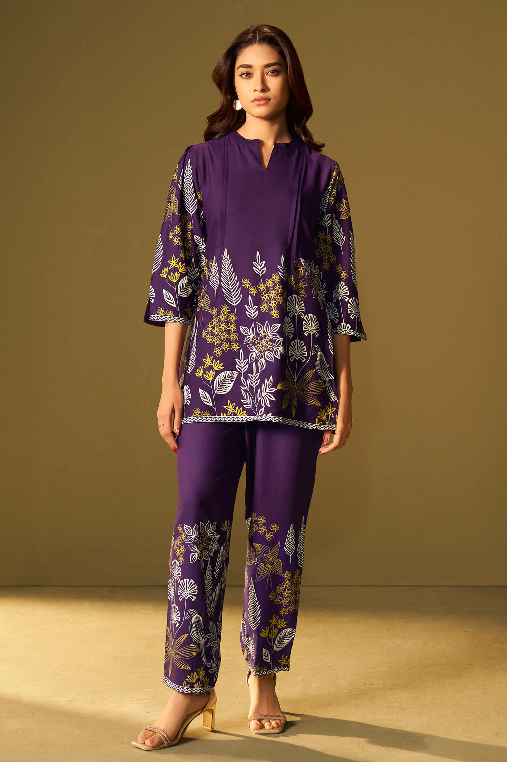 Purple Rayon Floral Printed Co-Ord Set For Women
