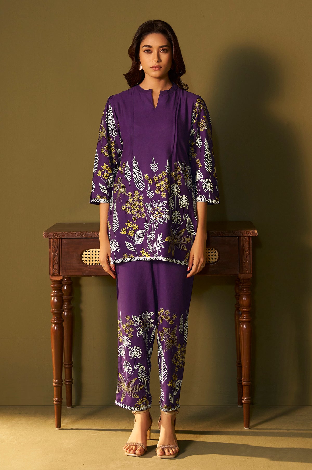 Purple Rayon Floral Printed Co-Ord Set For Women