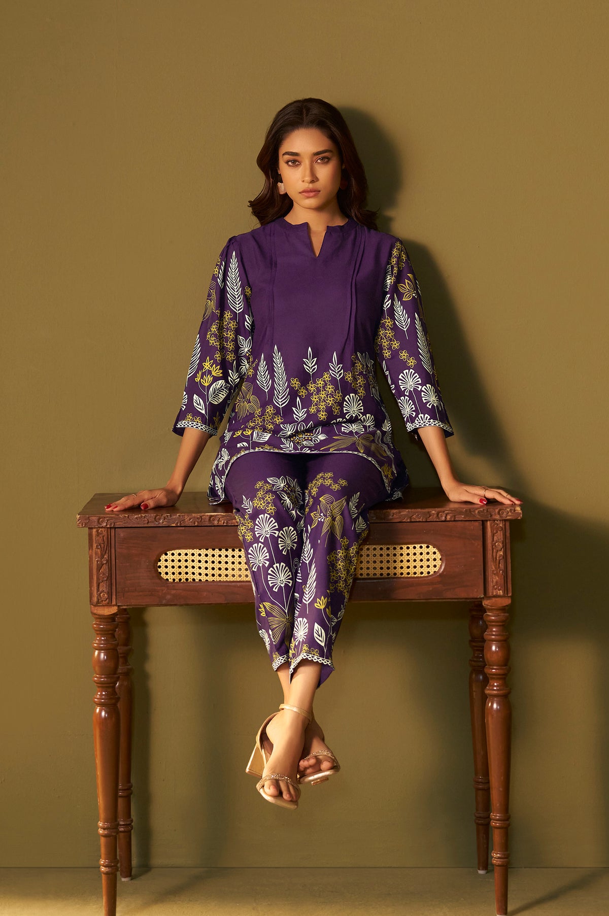 Purple Rayon Floral Printed Co-Ord Set For Women