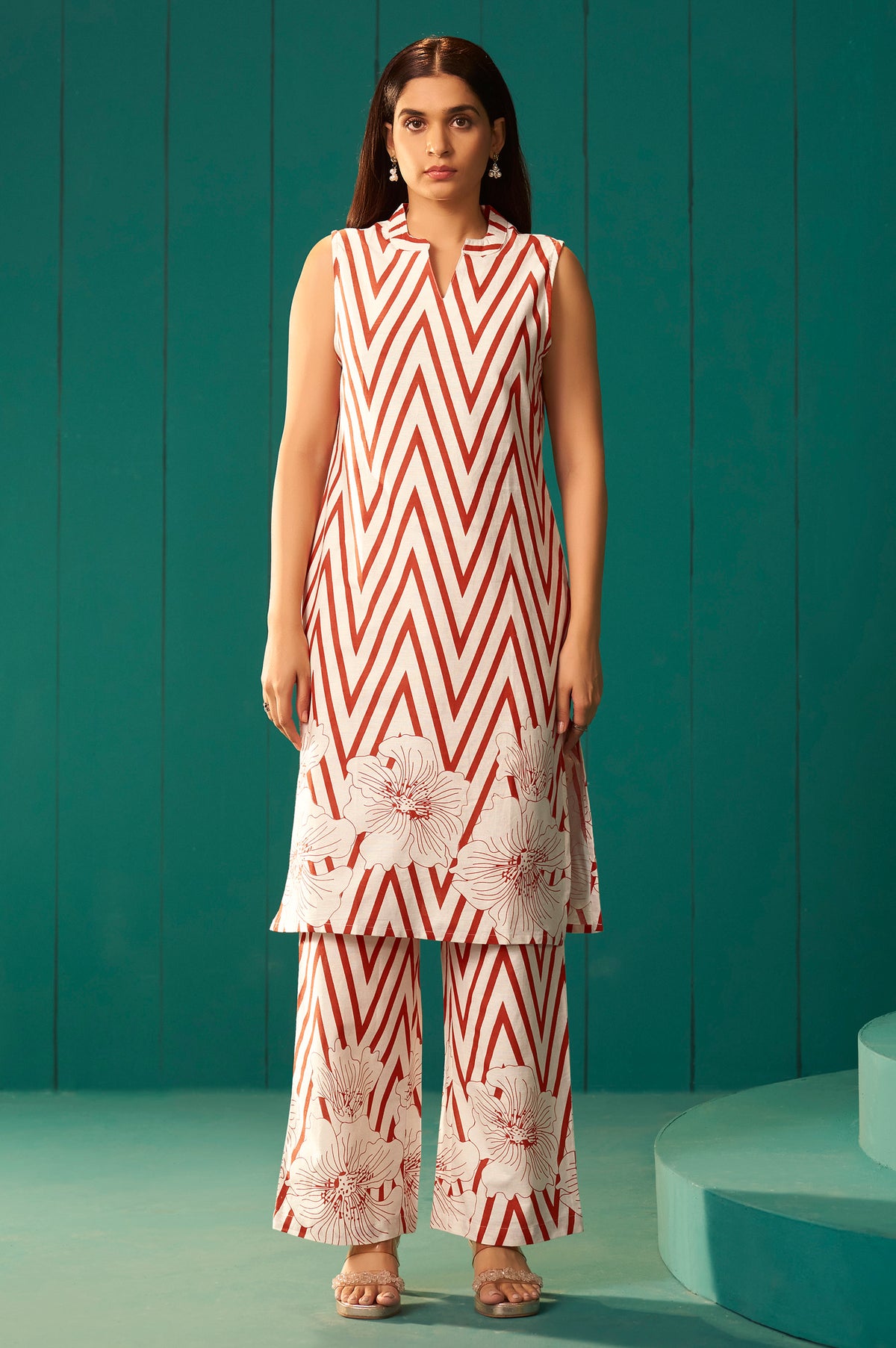 White Pure Cotton Printed Co-Ord Set For Women