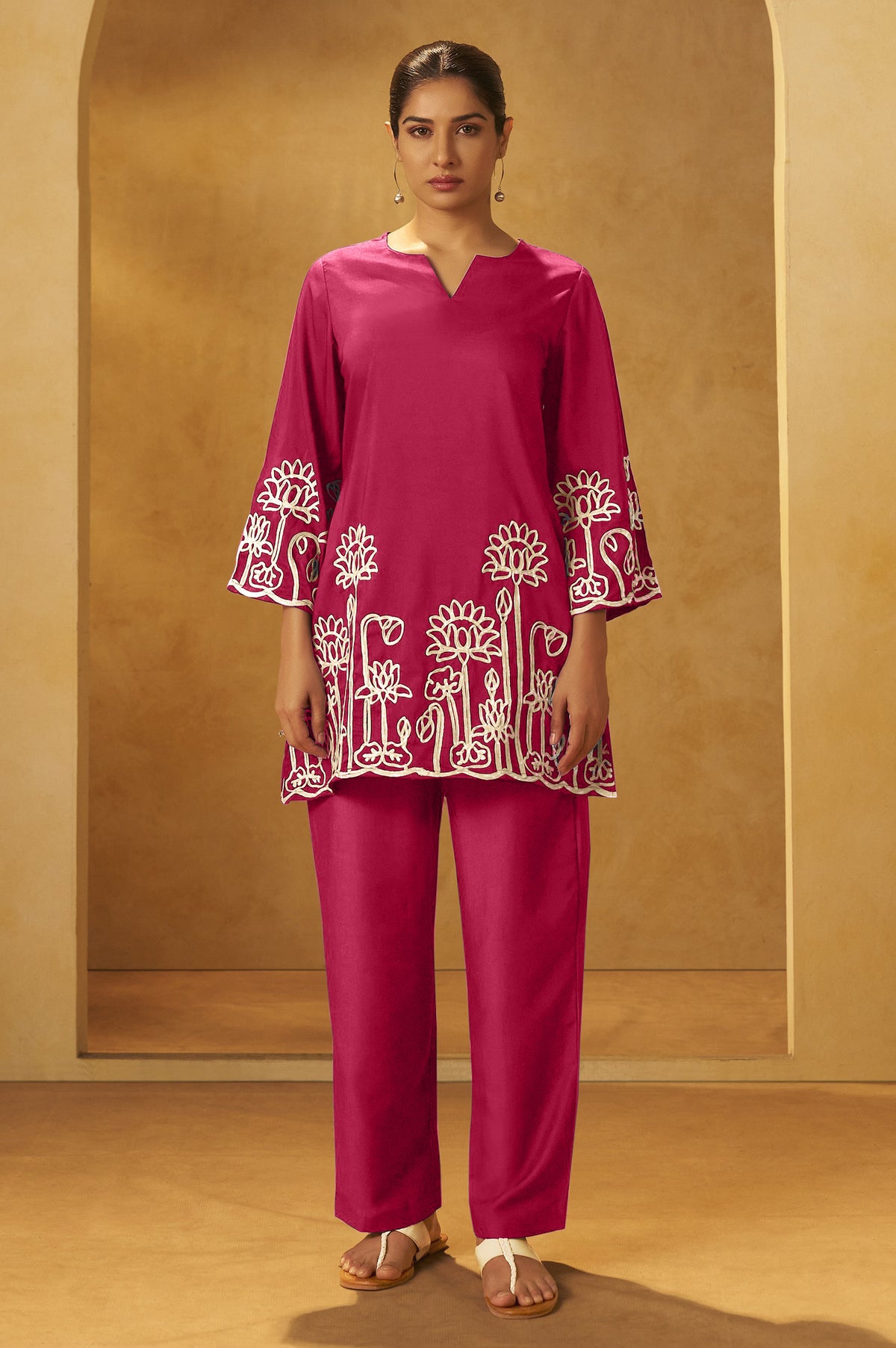 Women Pink Embroidered Cotton Blend Straight Kurta Co-ord Set