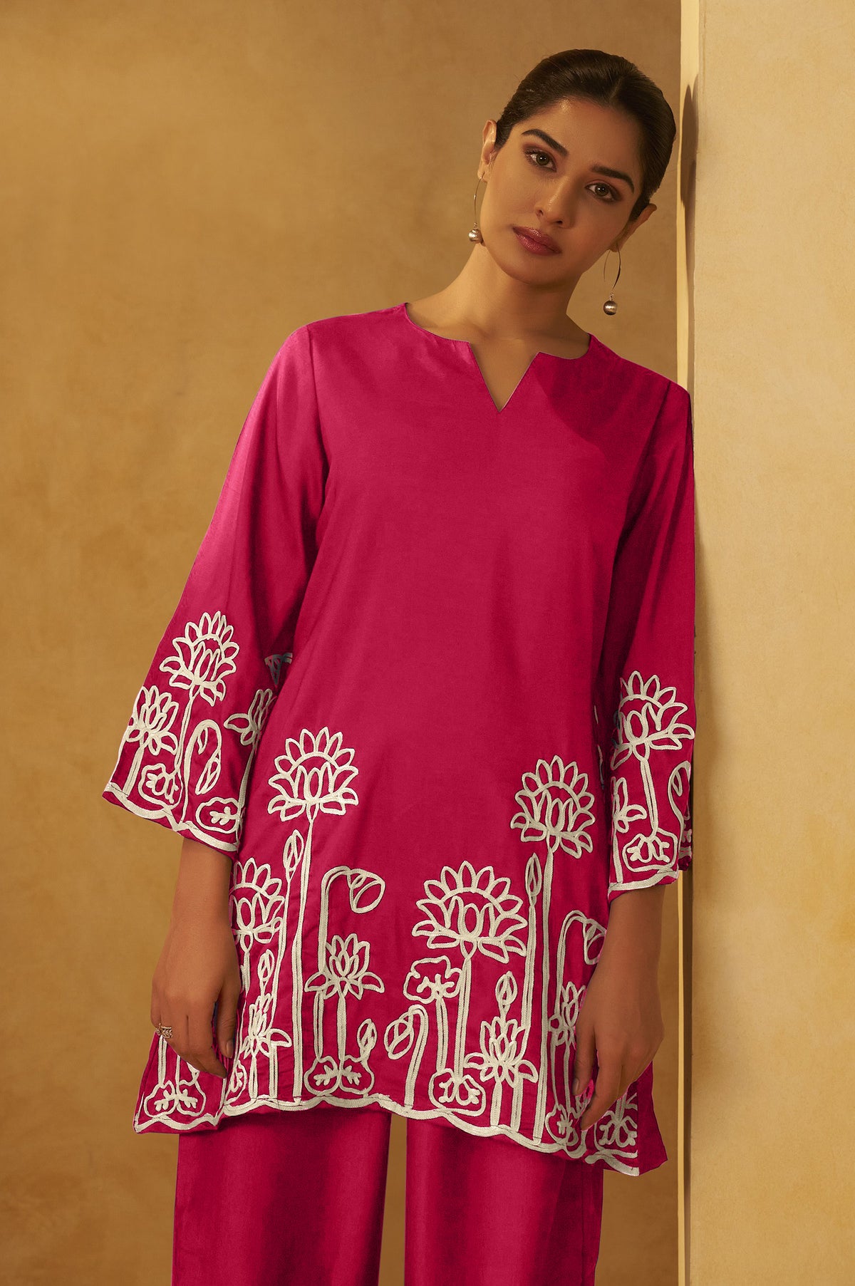 Women Pink Embroidered Cotton Blend Straight Kurta Co-ord Set