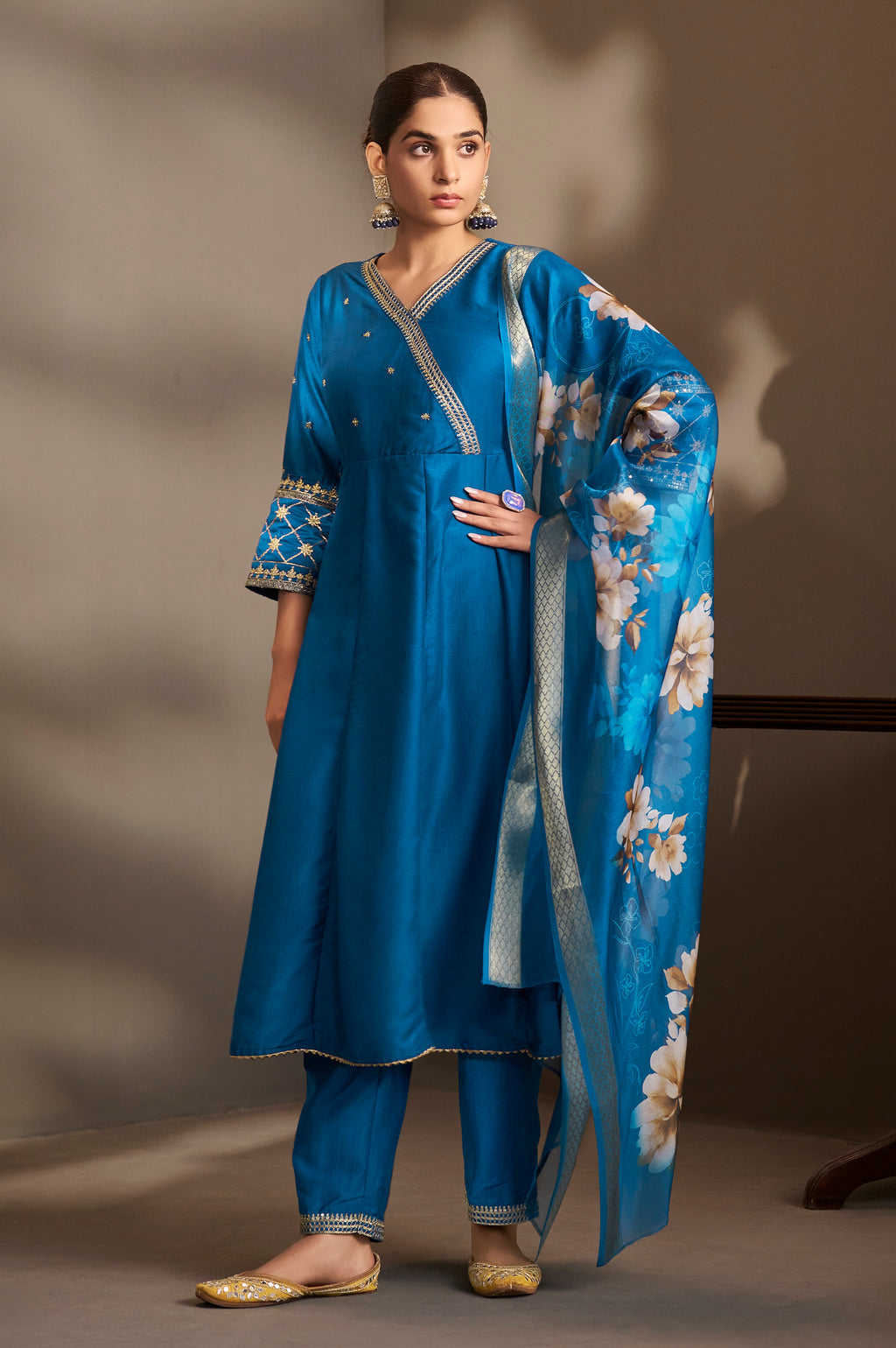 Women Blue Cotton Embroidered Straight Anarkali Kurta Set with Printed Organza Dupatta & Pants