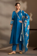 Women Blue Cotton Embroidered Straight Anarkali Kurta Set with Printed Organza Dupatta & Pants
