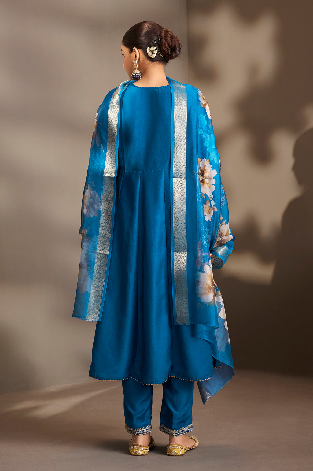 Women Blue Cotton Embroidered Straight Anarkali Kurta Set with Printed Organza Dupatta & Pants