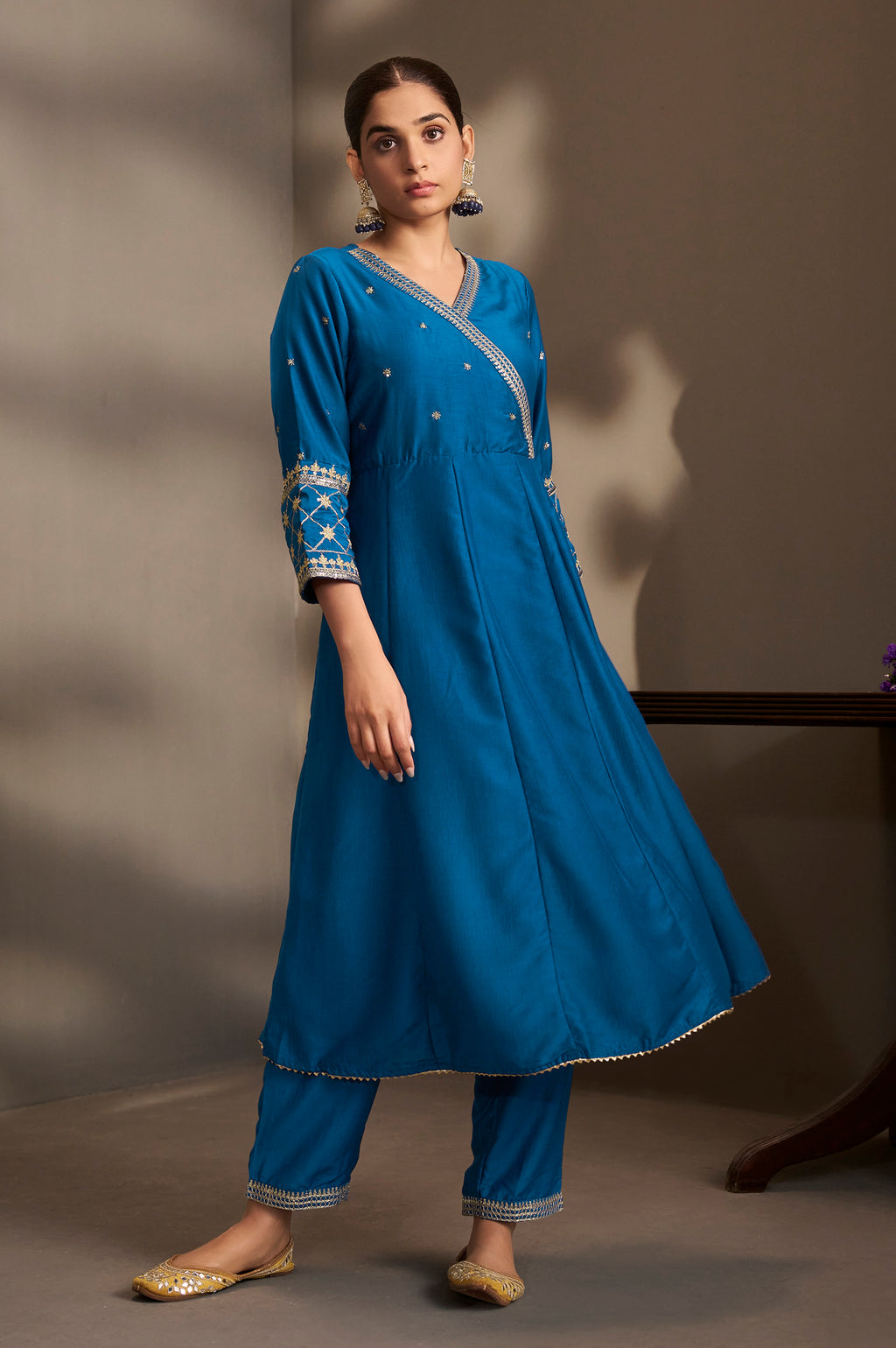 Women Blue Cotton Embroidered Straight Anarkali Kurta Set with Printed Organza Dupatta & Pants