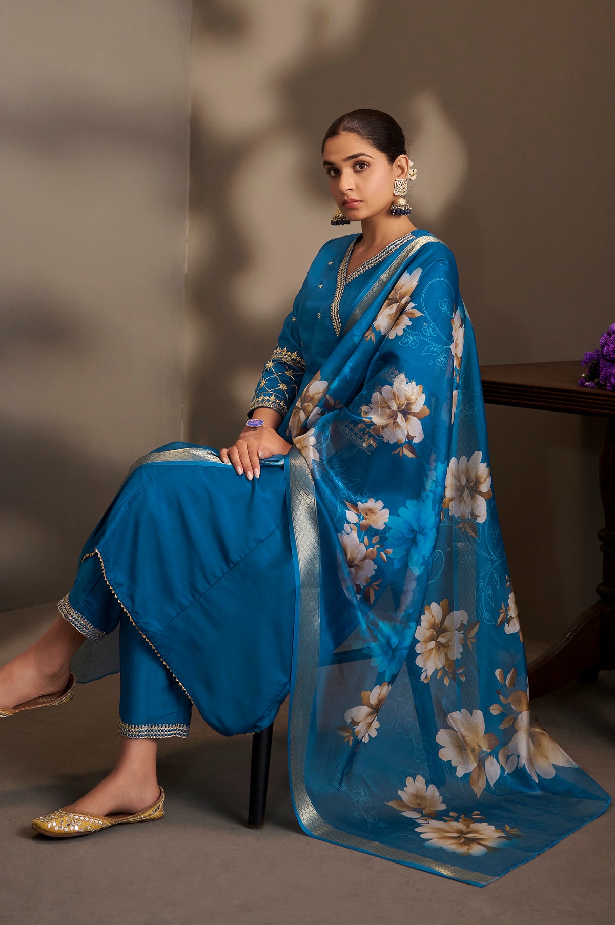 Women Blue Cotton Embroidered Straight Anarkali Kurta Set with Printed Organza Dupatta & Pants