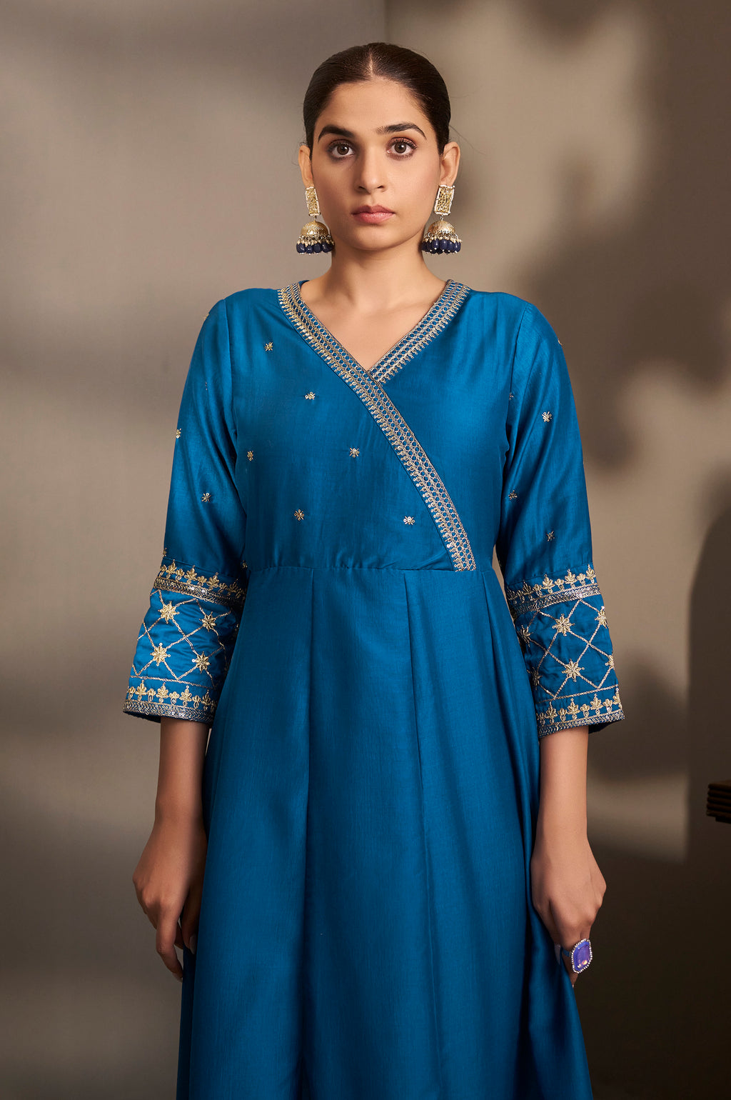 Women Blue Cotton Embroidered Straight Anarkali Kurta Set with Printed Organza Dupatta & Pants