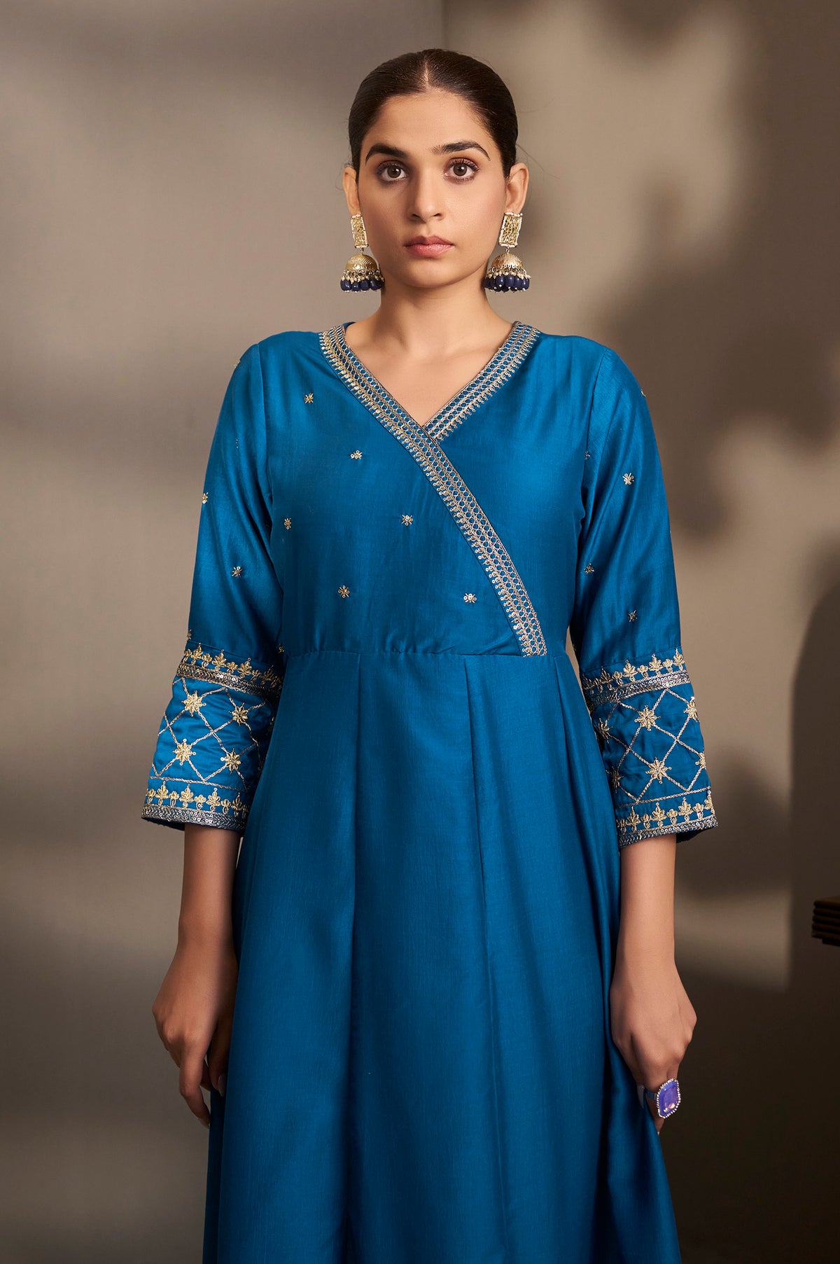 Women Blue Cotton Embroidered Straight Anarkali Kurta Set with Printed Organza Dupatta & Pants